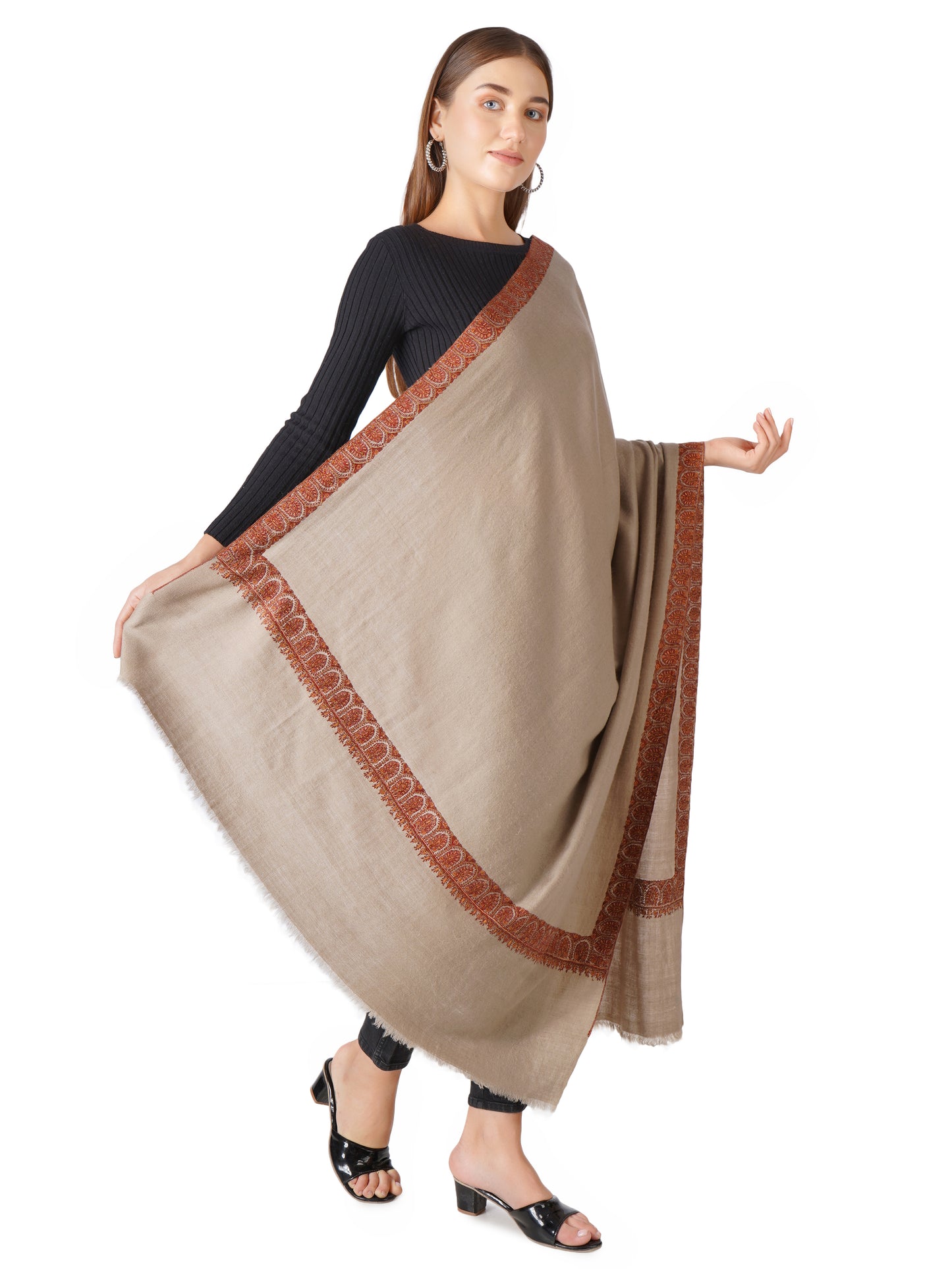 Pashwrap Kashmiri Pashmina Shawl with Border Embroidery - Natural Toosh
