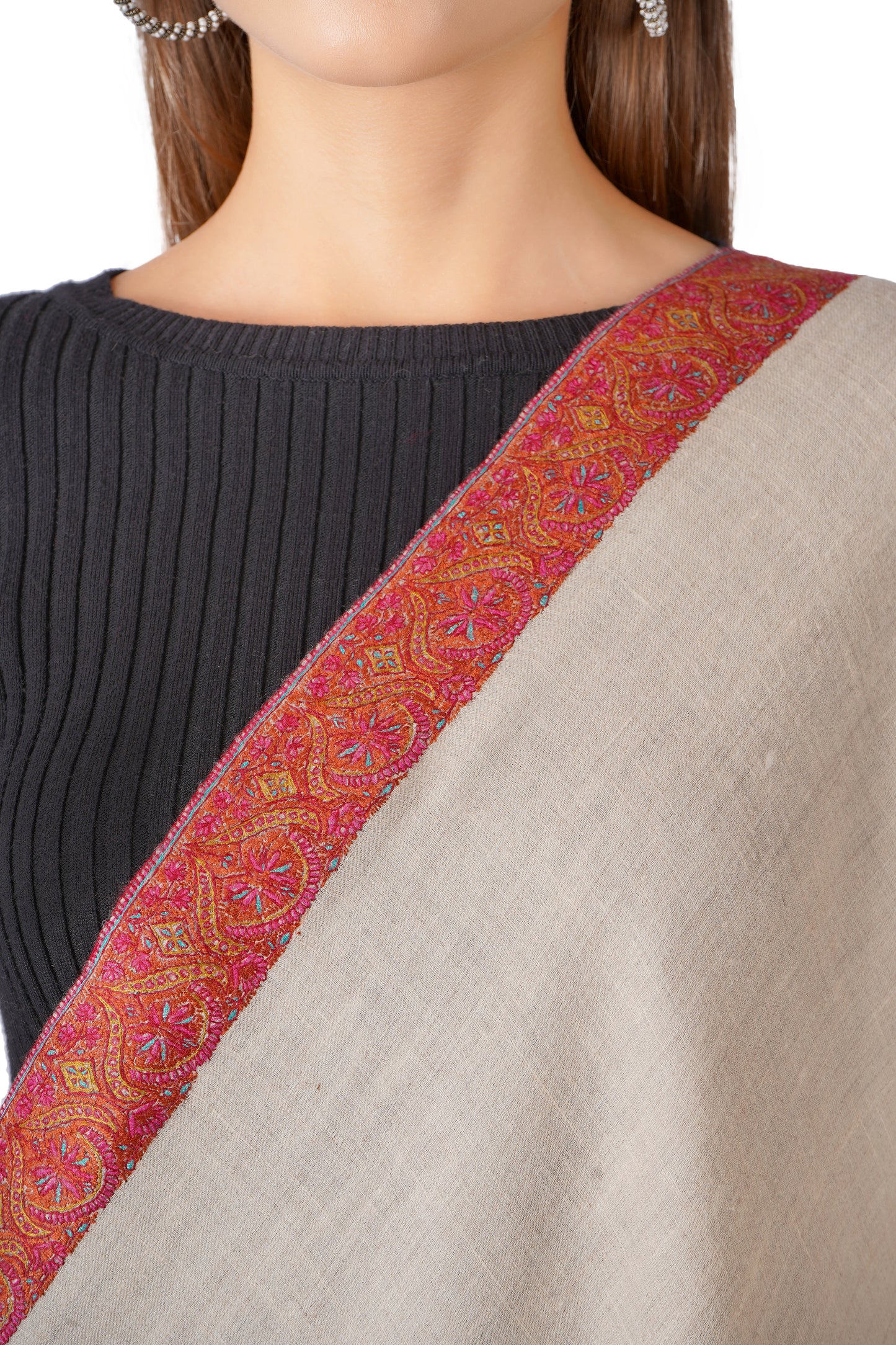 Pashmina Shawl Hand Embroidered and Handmade - Light Natural Toosh