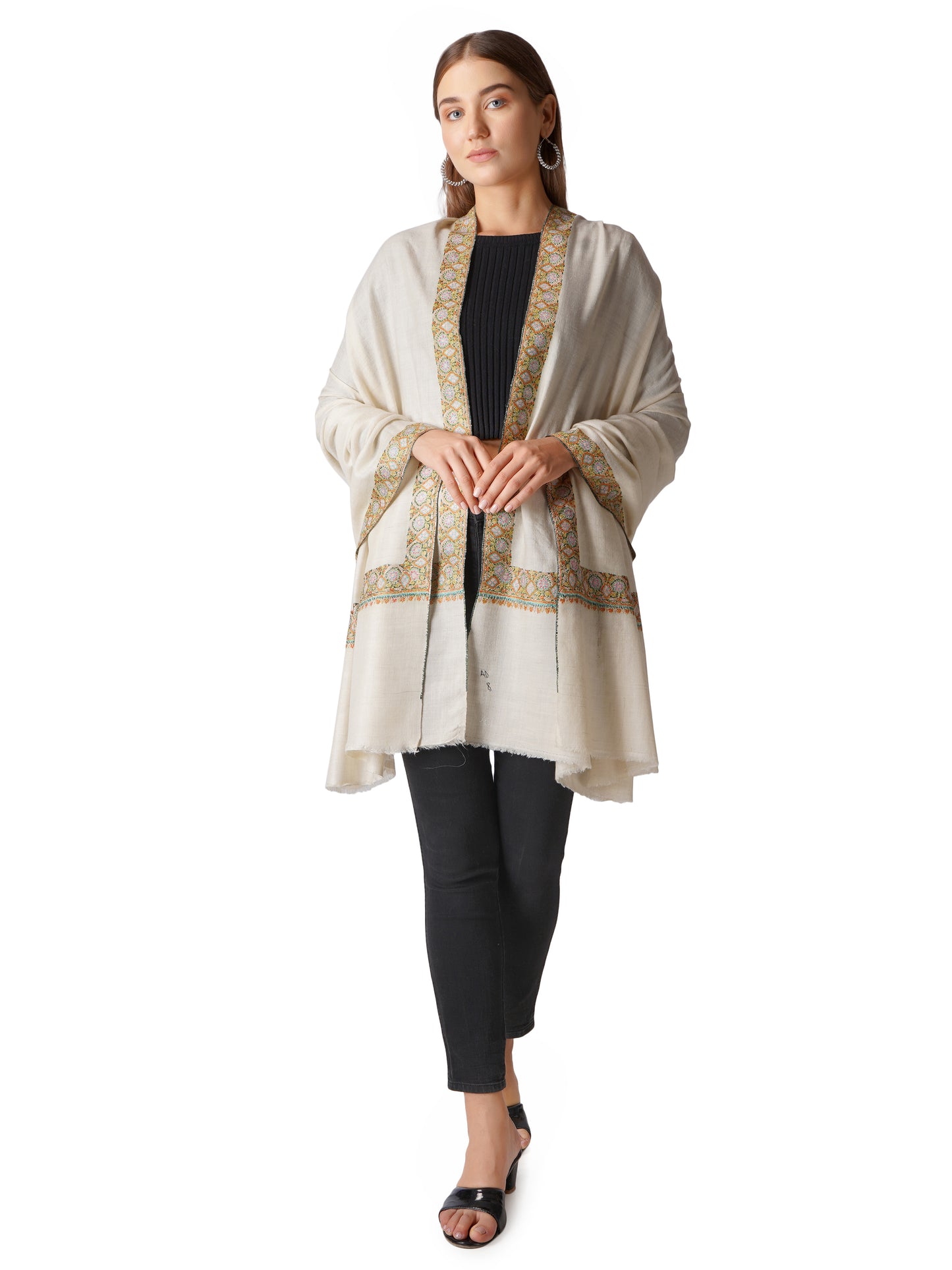 Pashmina Shawl Handwoven Kashmiri Sozni Embroidery - Off White