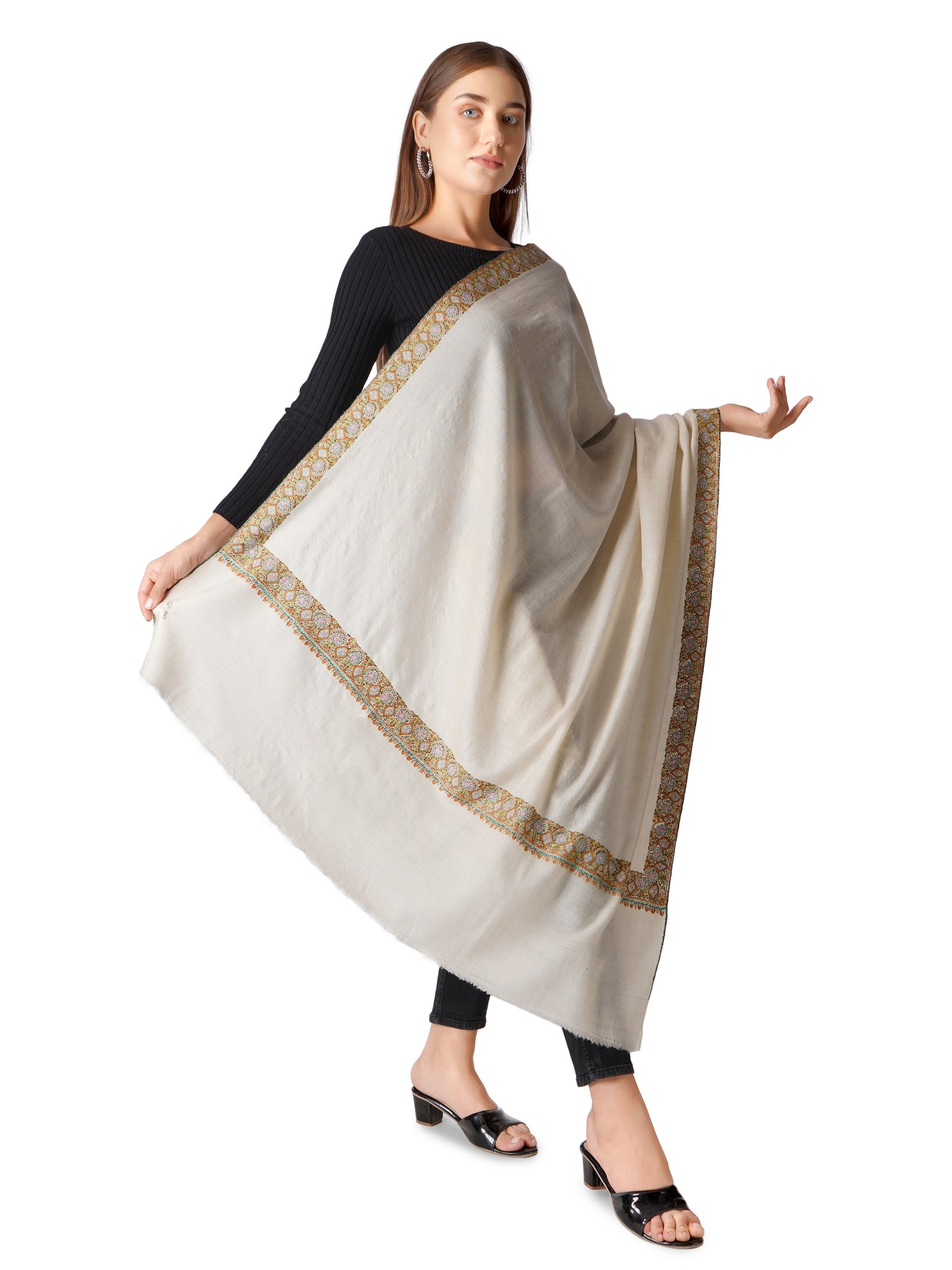 Pashmina Shawl Handwoven Kashmiri Sozni Embroidery - Off White