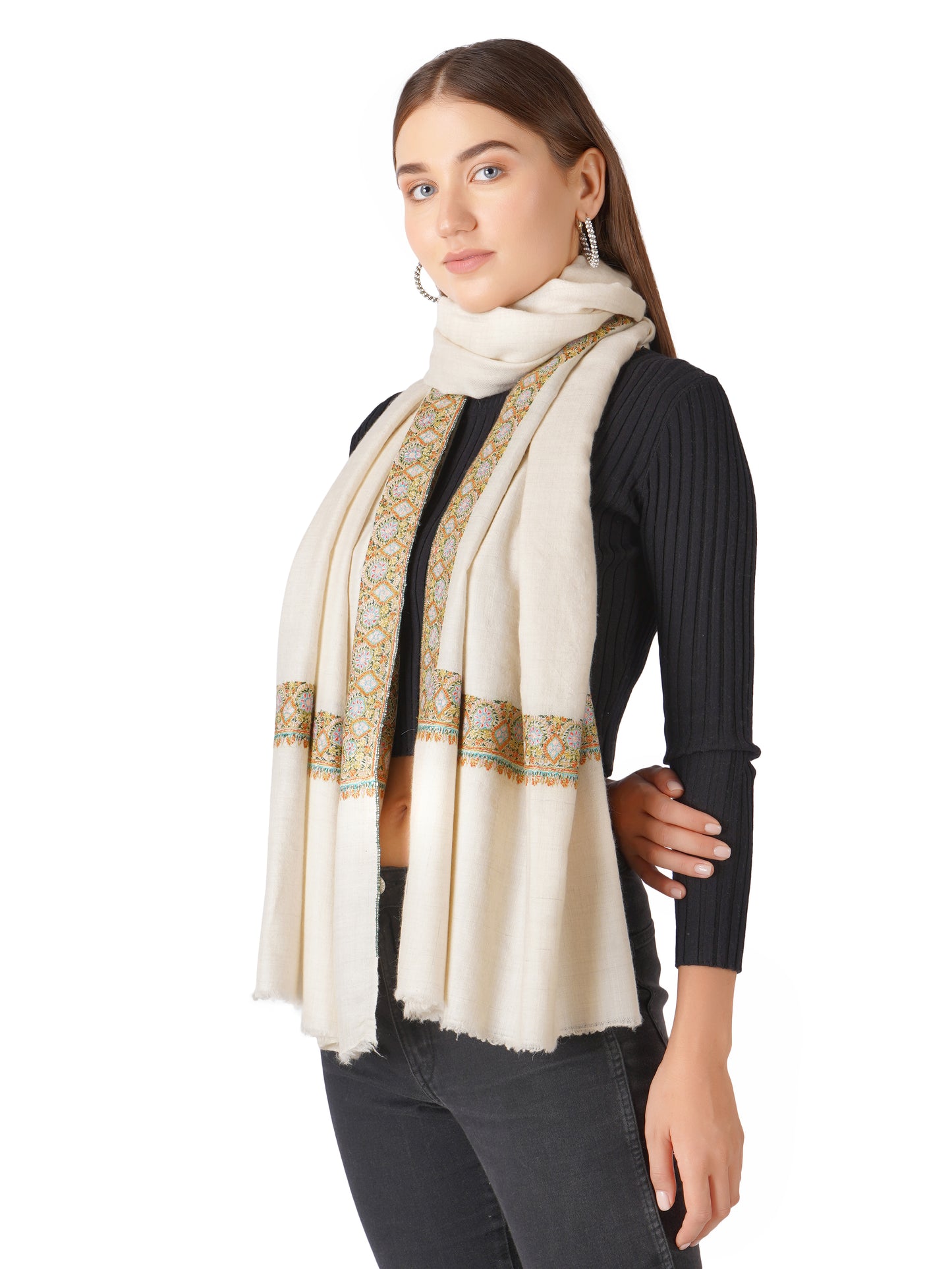 Pashmina Shawl Handwoven Kashmiri Sozni Embroidery - Off White