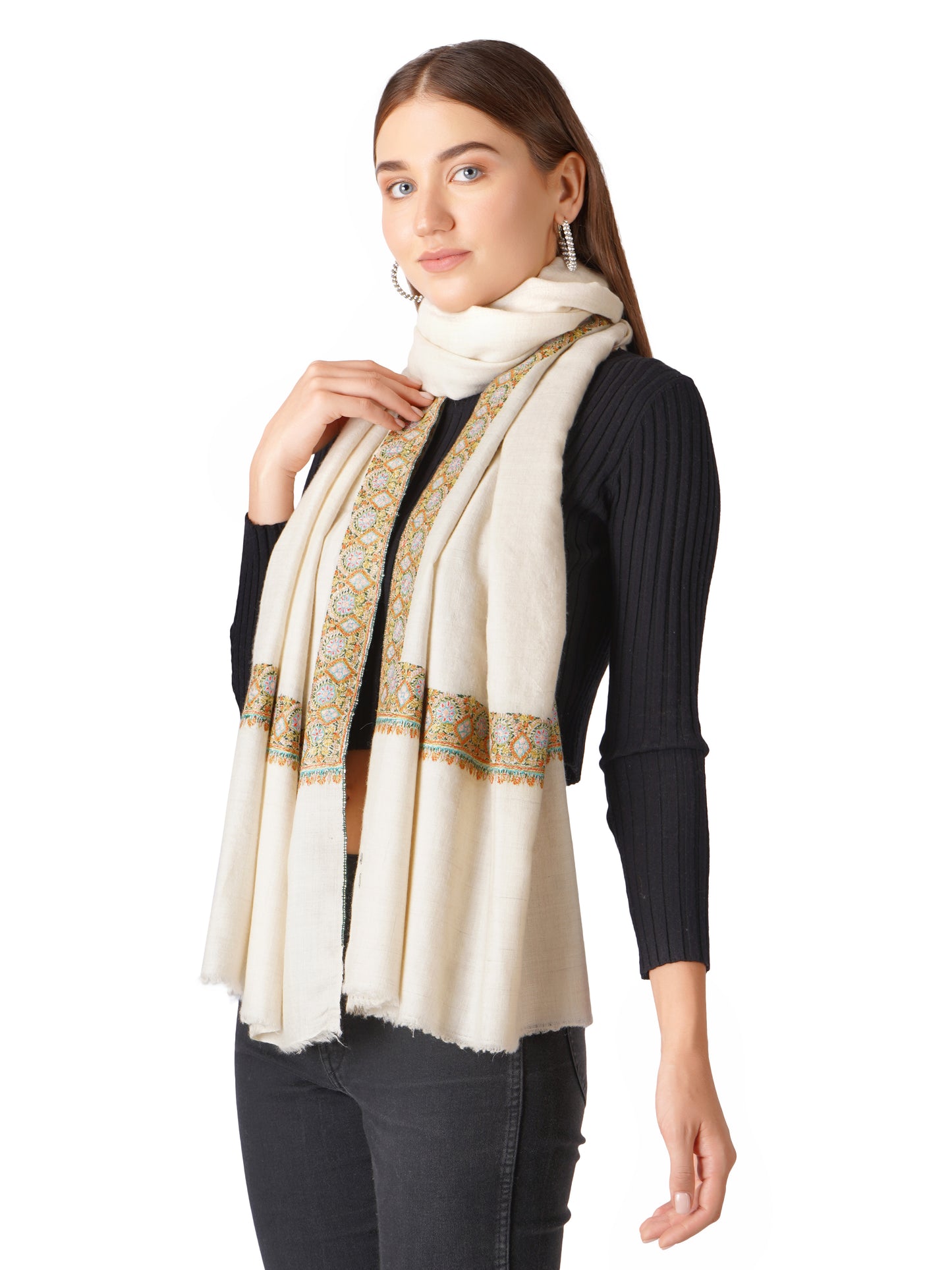 Pashmina Shawl Handwoven Kashmiri Sozni Embroidery - Off White