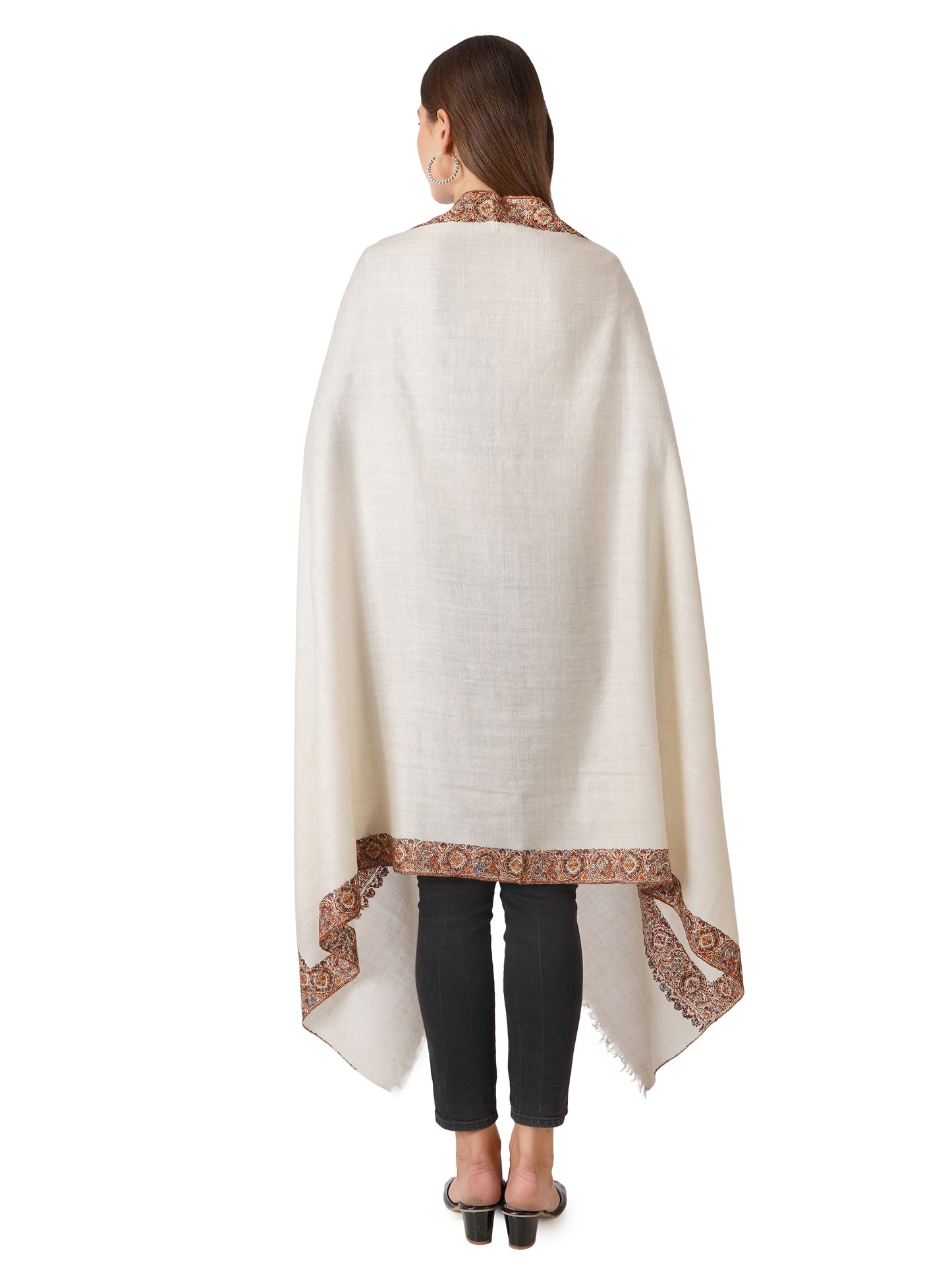 Pashmina Shawl Handwoven and Hand Embroidered with Red and Blue Hues - Off White