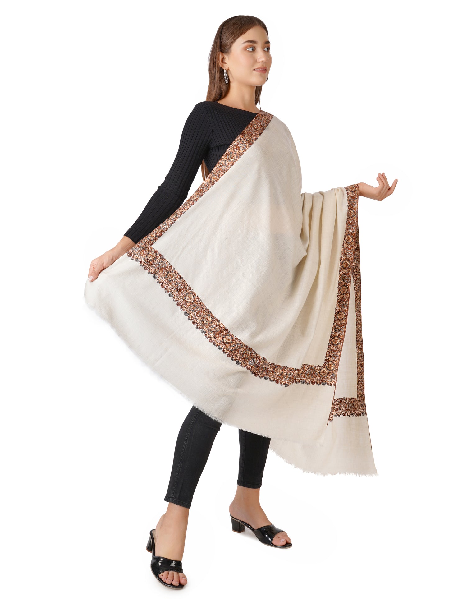 Pashmina Shawl Handwoven and Hand Embroidered with Red and Blue Hues - Off White