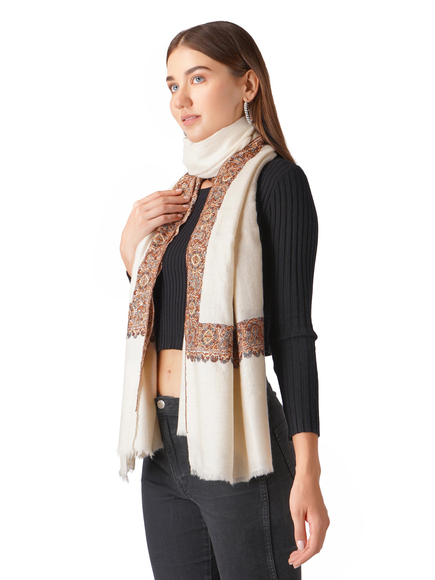 Pashmina Shawl Handwoven and Hand Embroidered with Red and Blue Hues - Off White