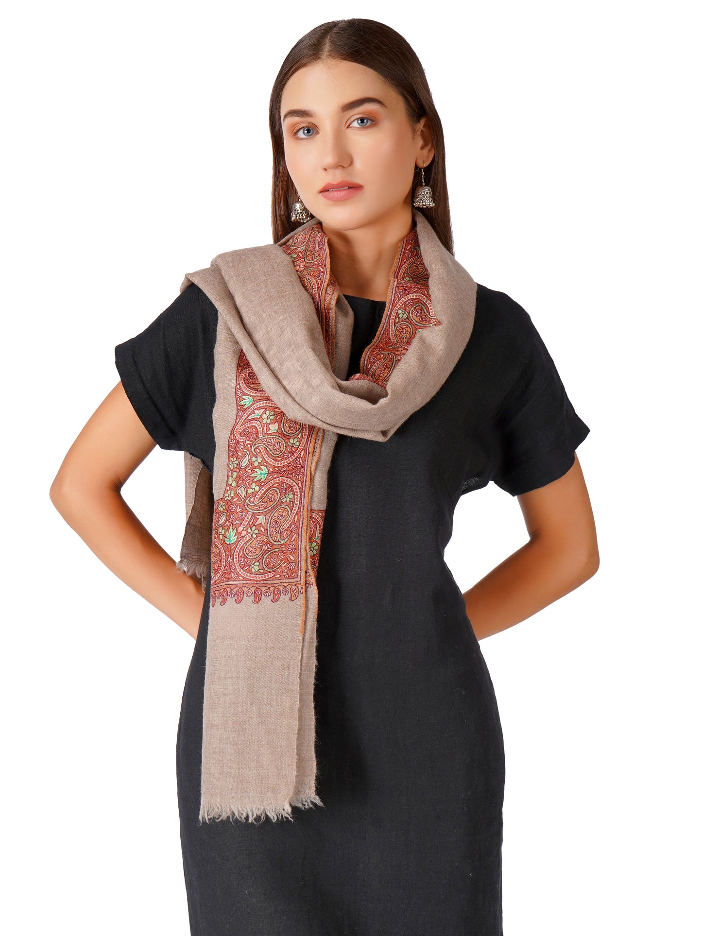 Luxurious Pashmina Shawl with Hand Sozni Border Embroidery - Natural Toosh