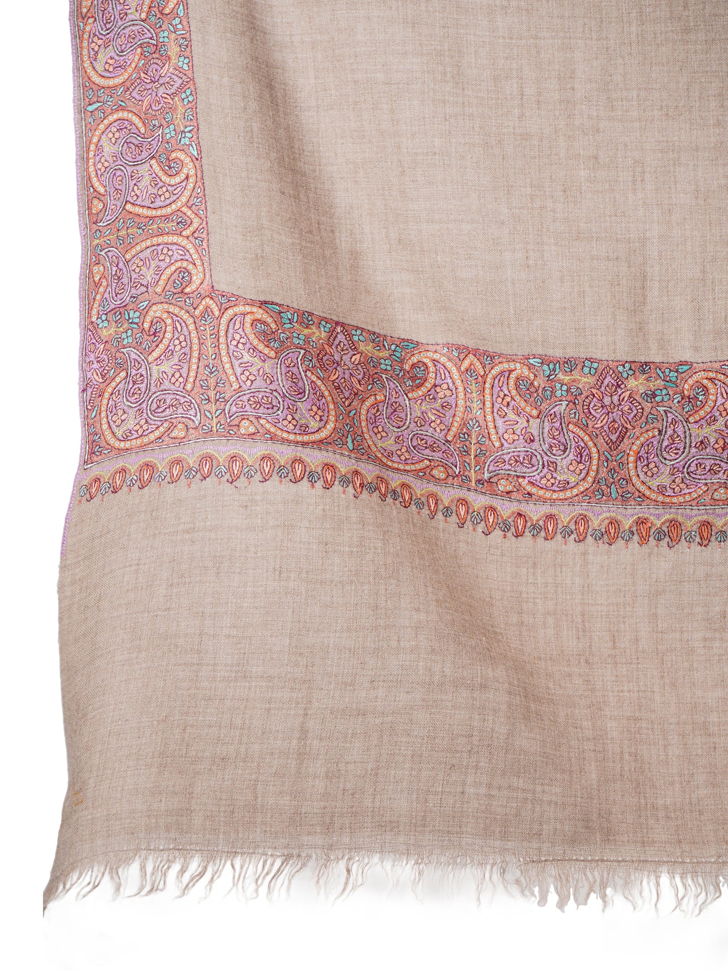 Pashmina Shawl Handwoven with Sophisticated Floral Hand Embroidery - Natural Toosh