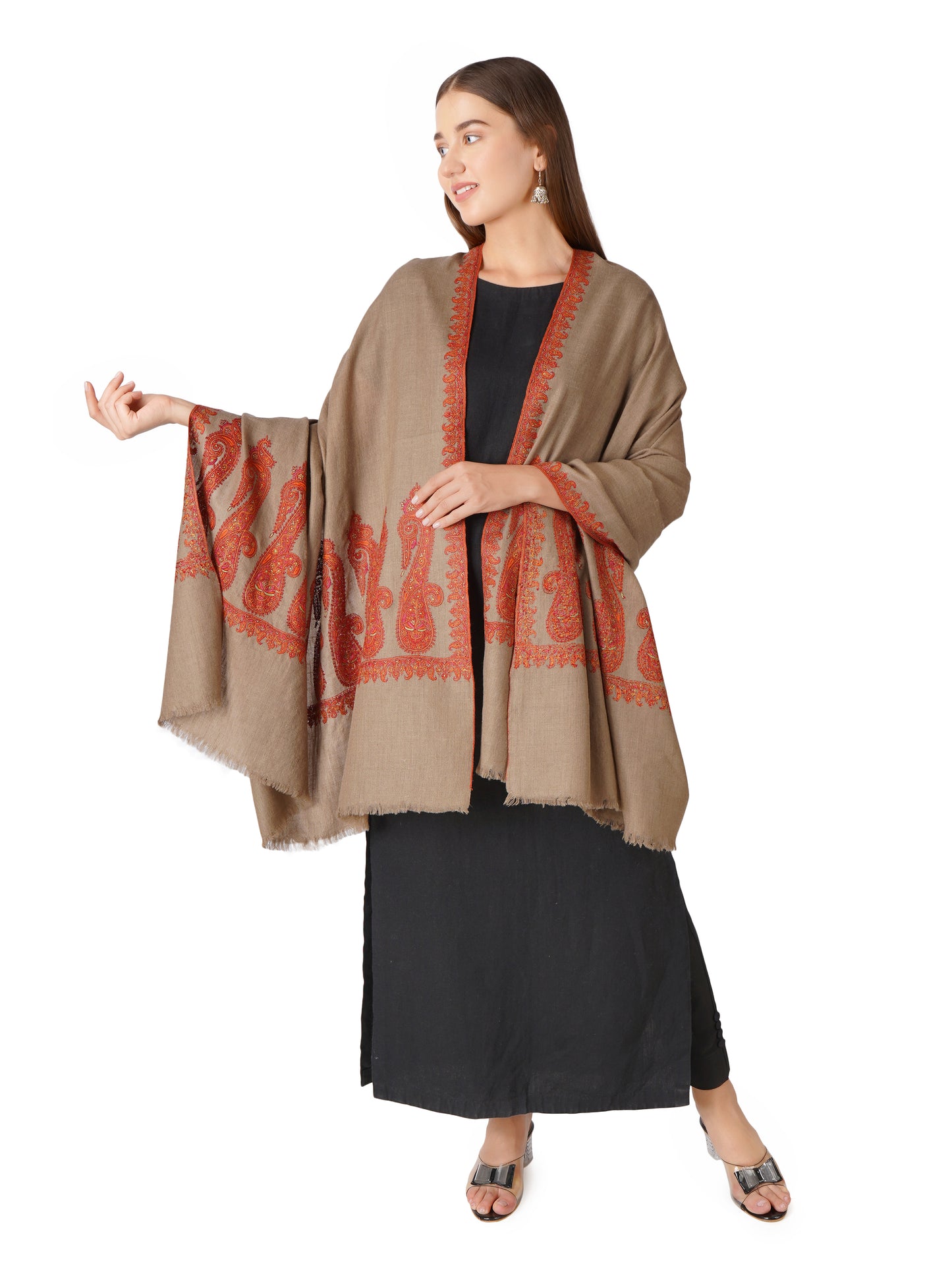Pashmina Shawl with Exquisite Paisley Hand Embroidery - Natural Toosh
