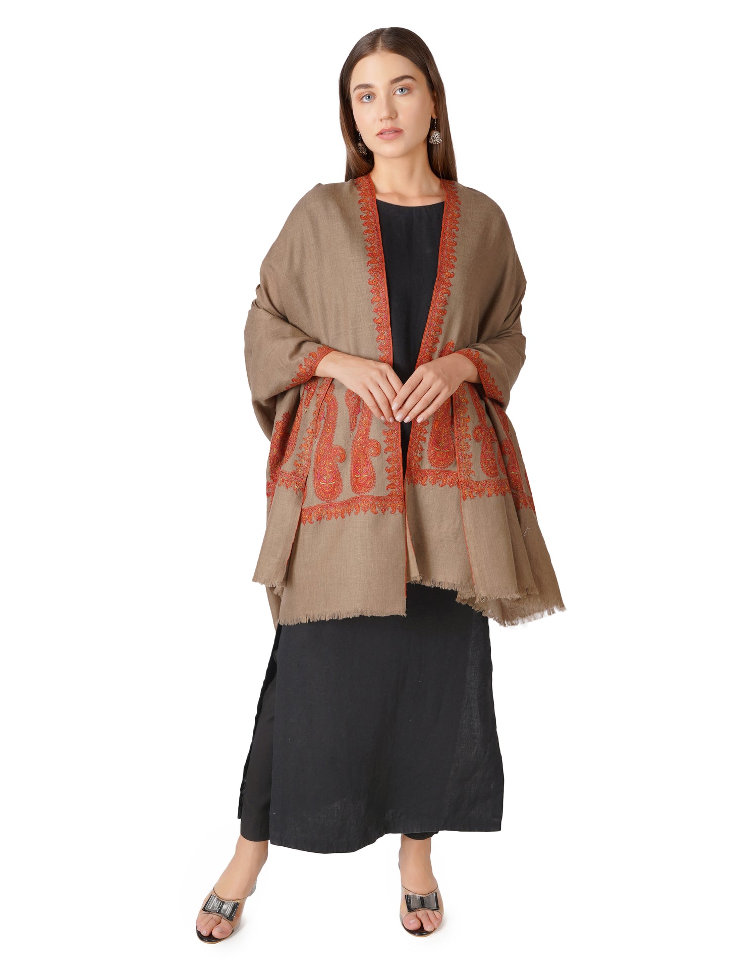 Pashmina Shawl with Exquisite Paisley Hand Embroidery - Natural Toosh