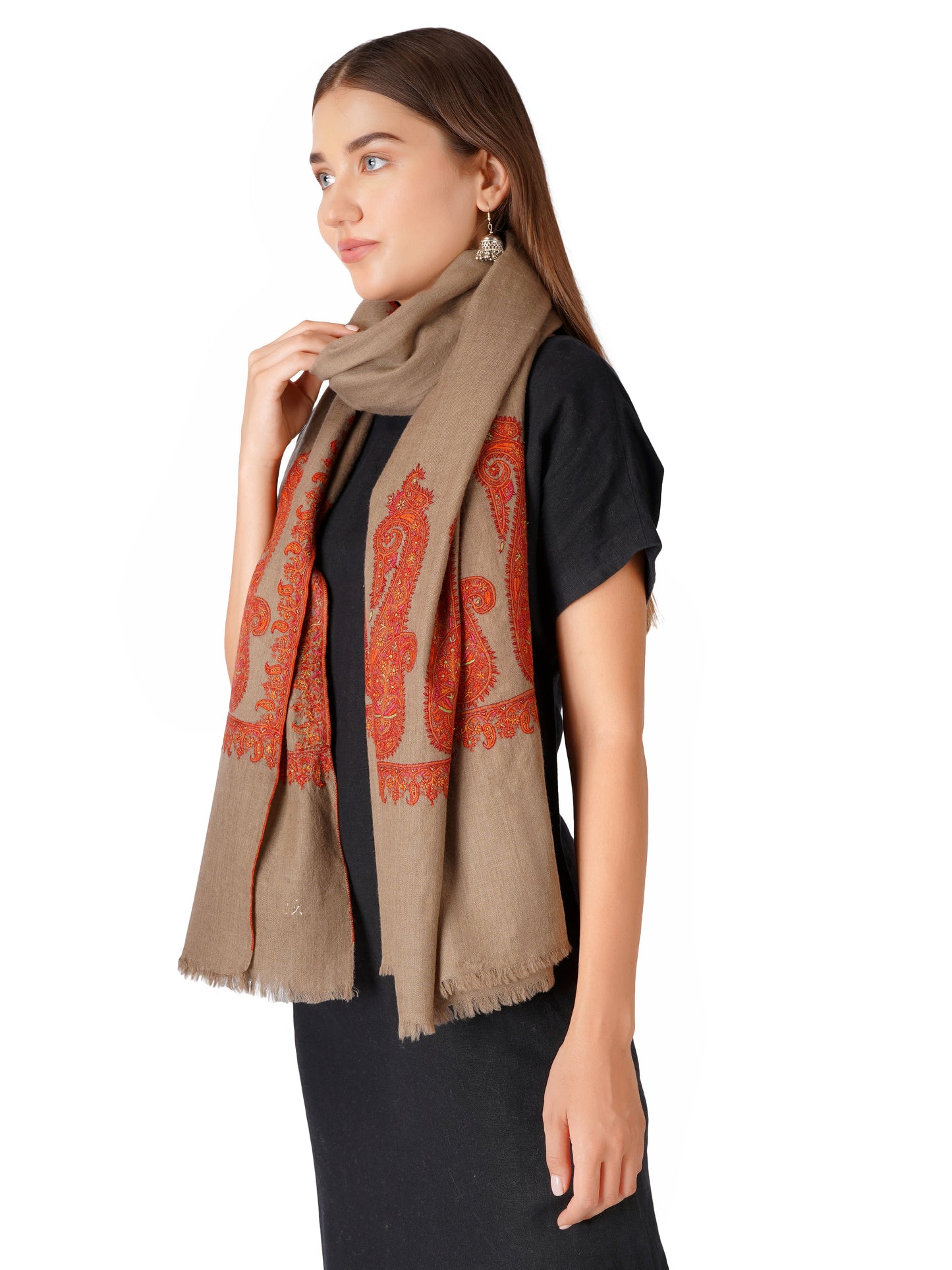 Pashmina Shawl with Exquisite Paisley Hand Embroidery - Natural Toosh