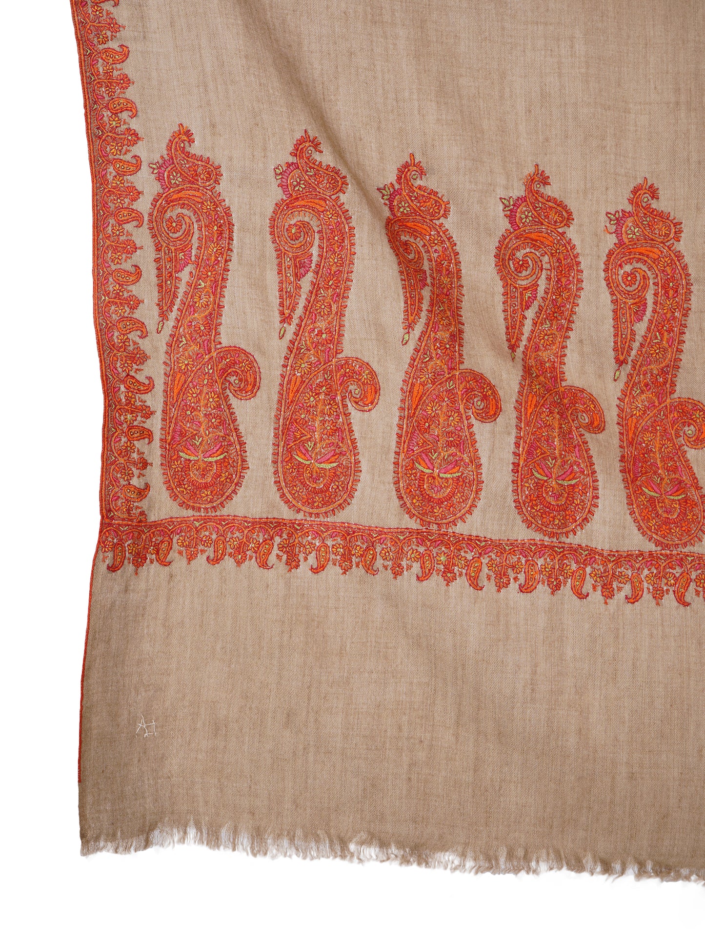 Pashmina Shawl with Exquisite Paisley Hand Embroidery - Natural Toosh
