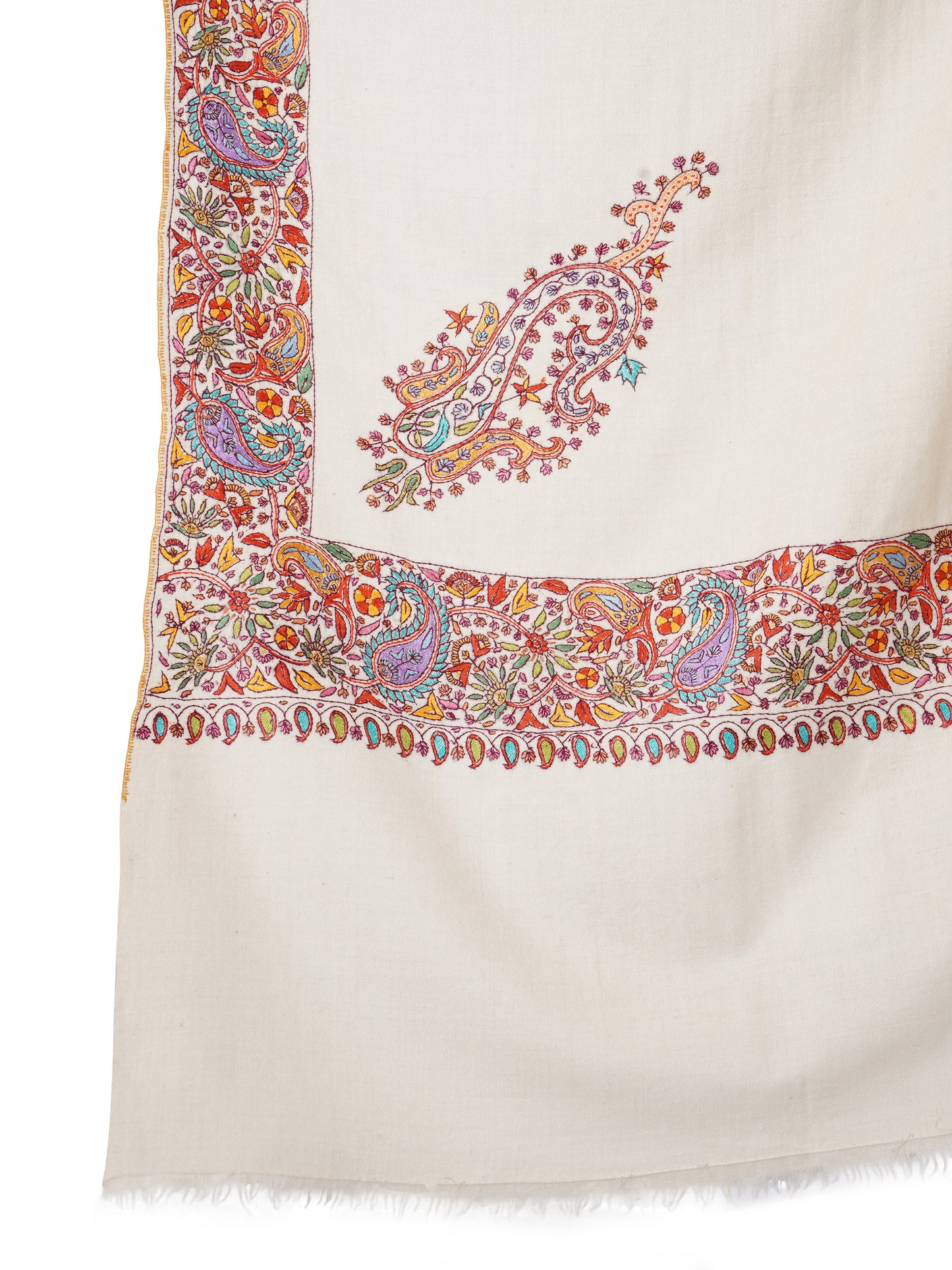 Luxurious Pashmina Shawl with Intricate Border Embroidery (Off White)