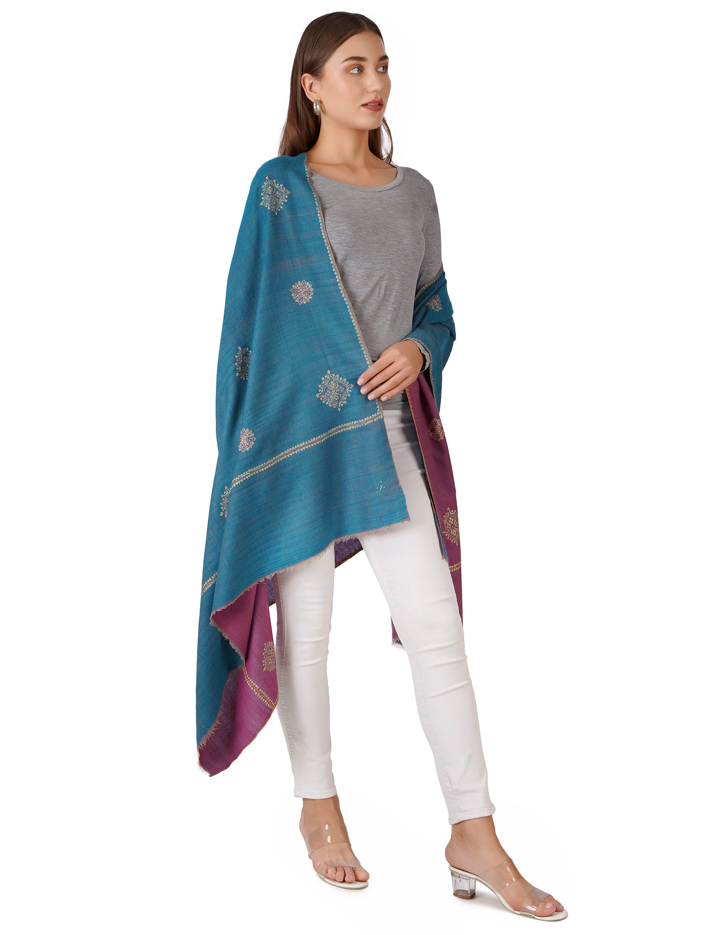 Handcrafted Pashmina Shawl – Double Faced - Purple & Blue