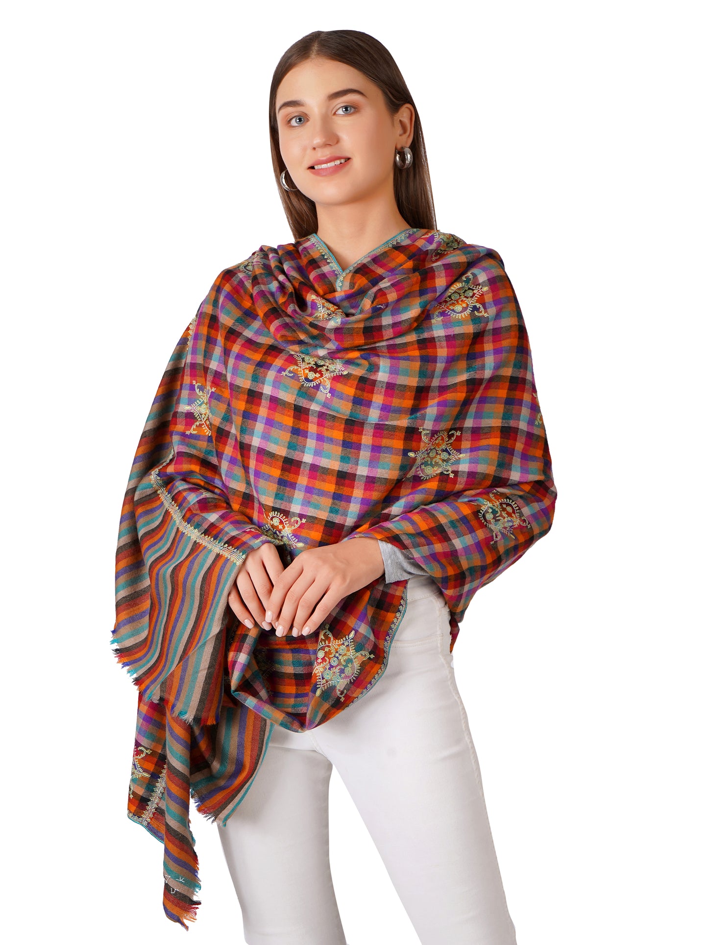 Handcrafted Checkered Pashmina Shawl with Floral Embroidery Designs
