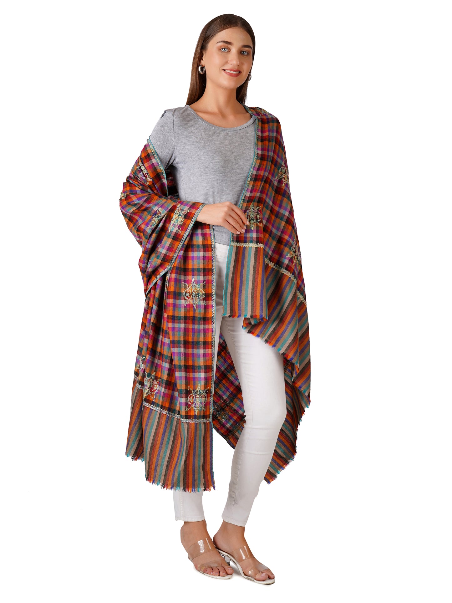 Handcrafted Checkered Pashmina Shawl with Floral Embroidery Designs