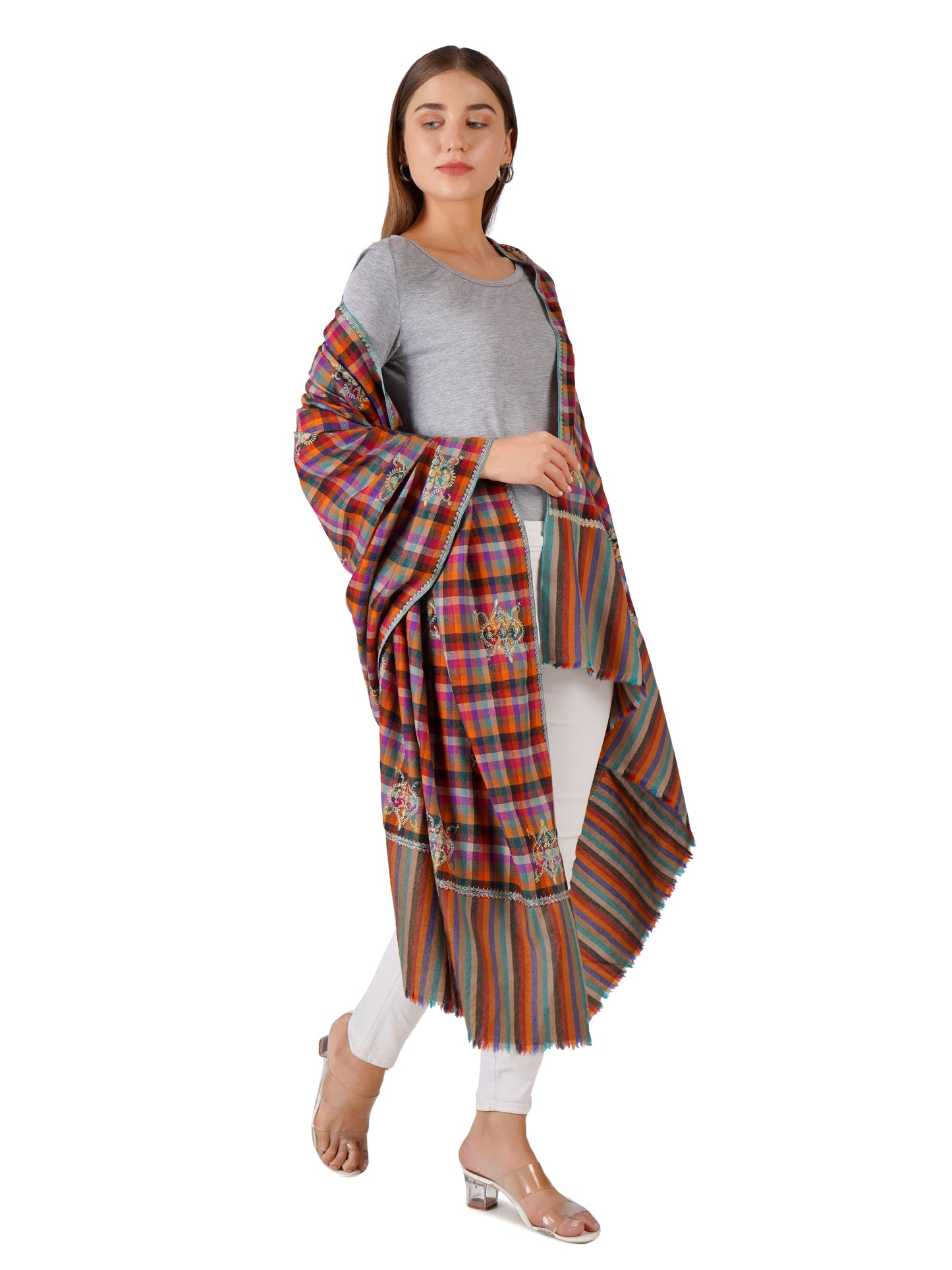 Handcrafted Checkered Pashmina Shawl with Floral Embroidery Designs