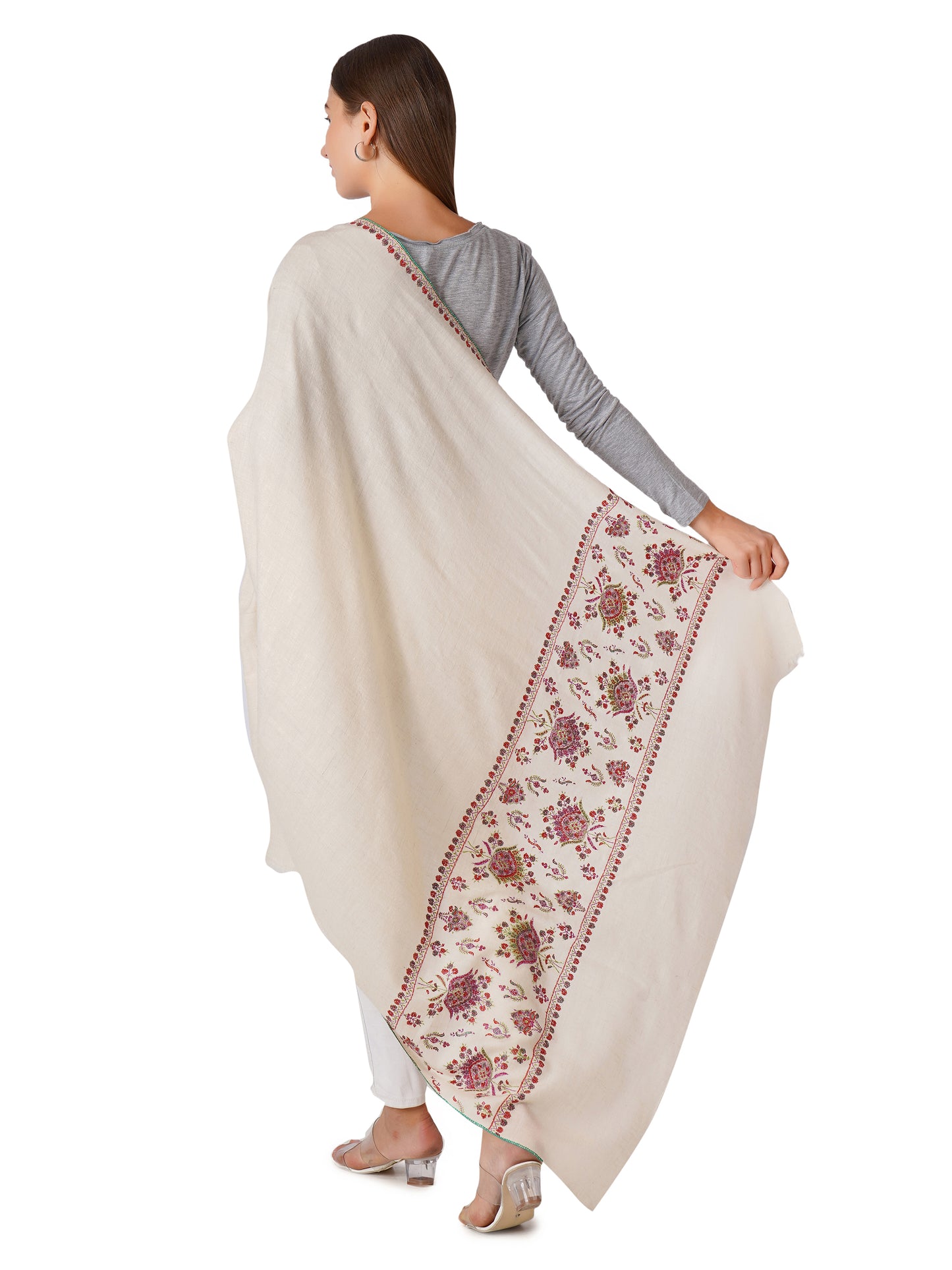 Vibrant White Pashmina Shawl with Detailed Designs