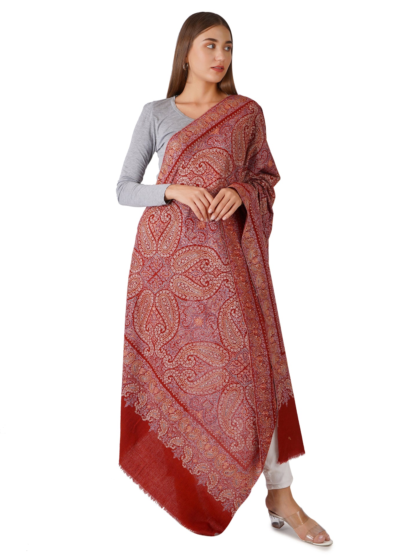 Luxurious Maroon Pashmina Shawl with Multicolour Embroidery