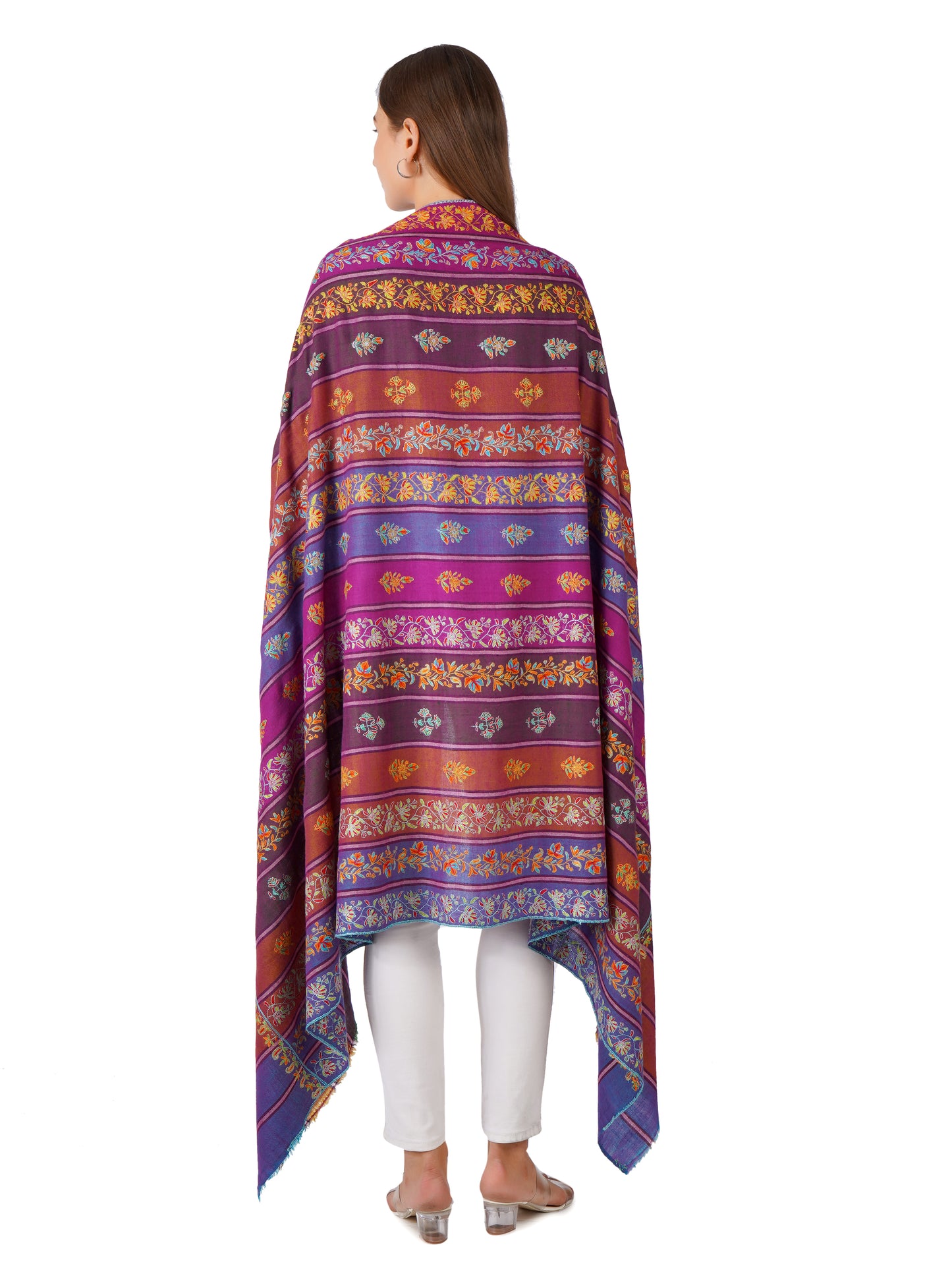 Stylish Stripes Pashmina Shawl with Floral Designs - Multi Color Stripes
