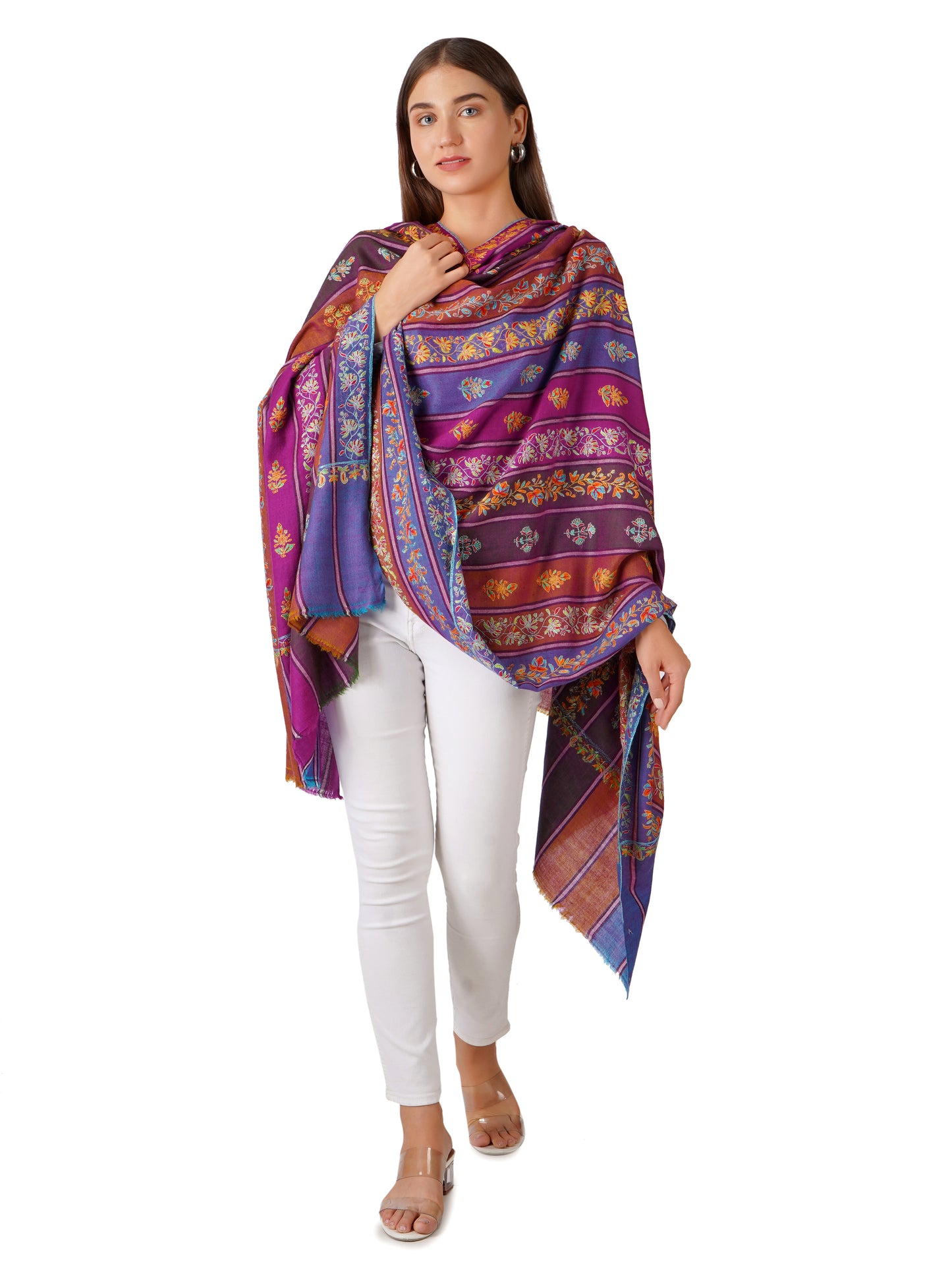Stylish Stripes Pashmina Shawl with Floral Designs - Multi Color Stripes