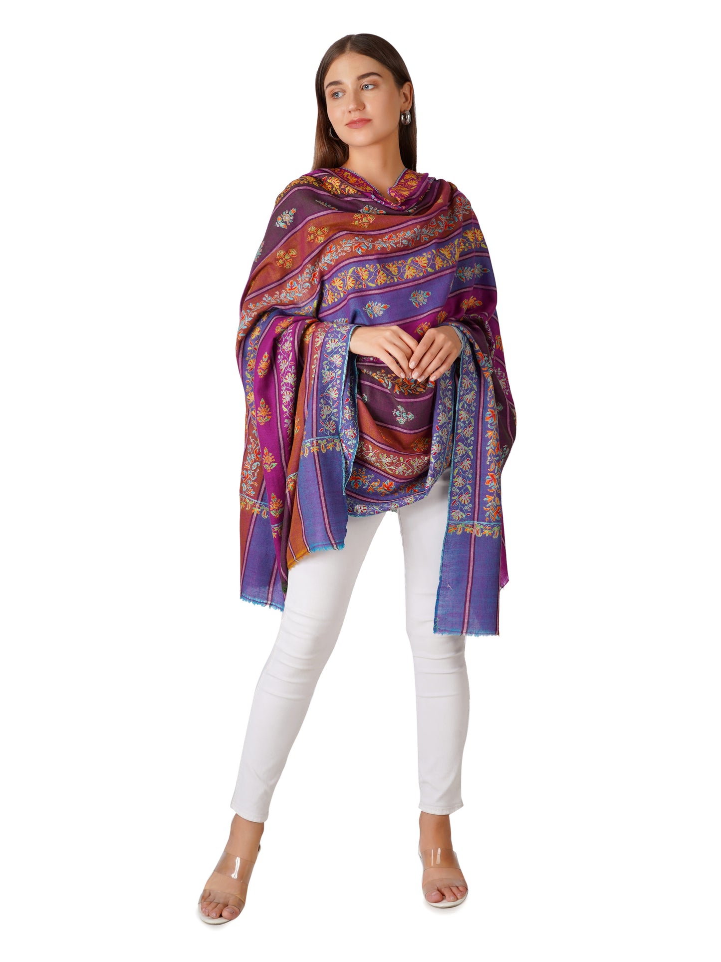 Stylish Stripes Pashmina Shawl with Floral Designs - Multi Color Stripes