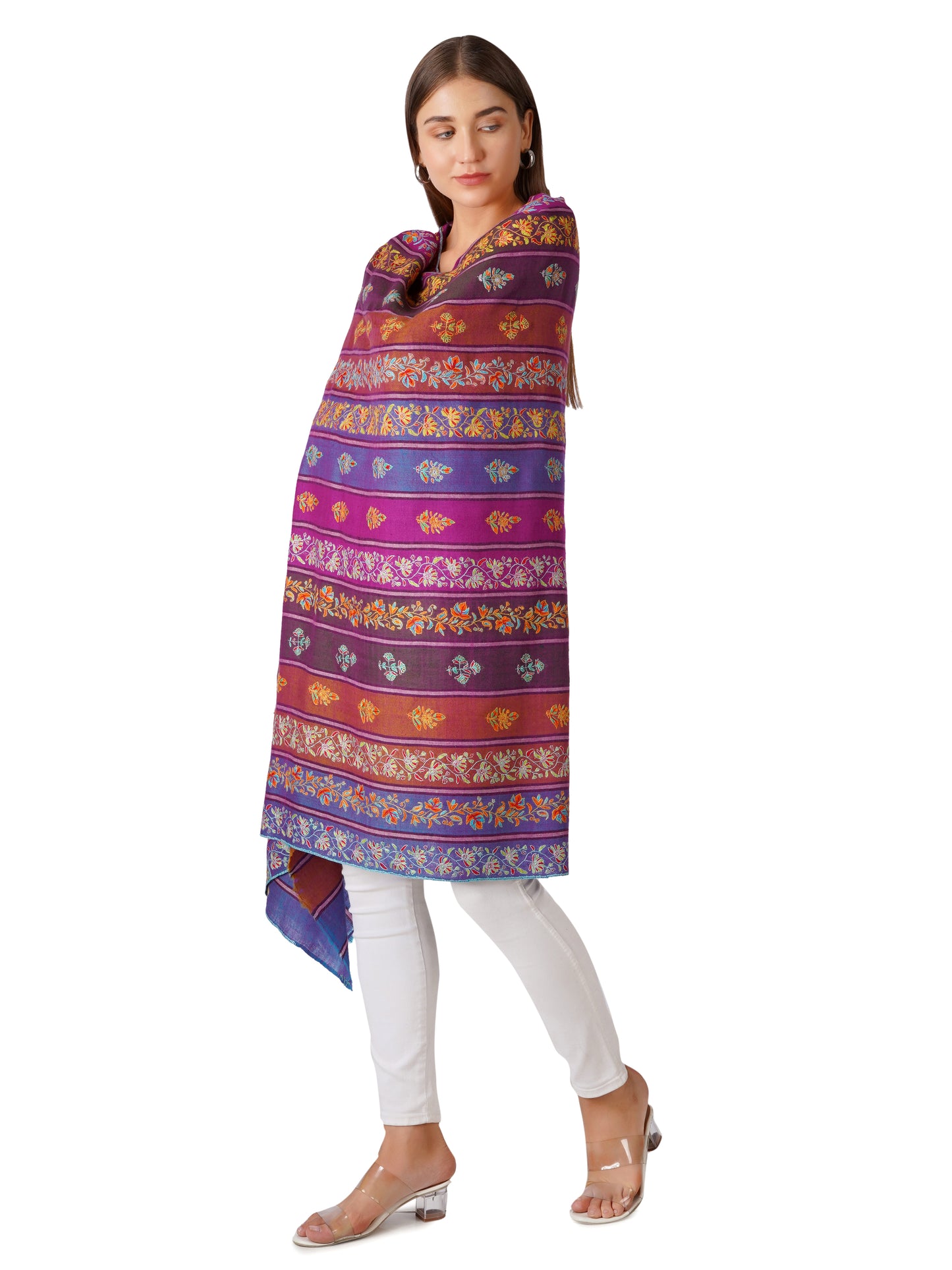 Stylish Stripes Pashmina Shawl with Floral Designs - Multi Color Stripes