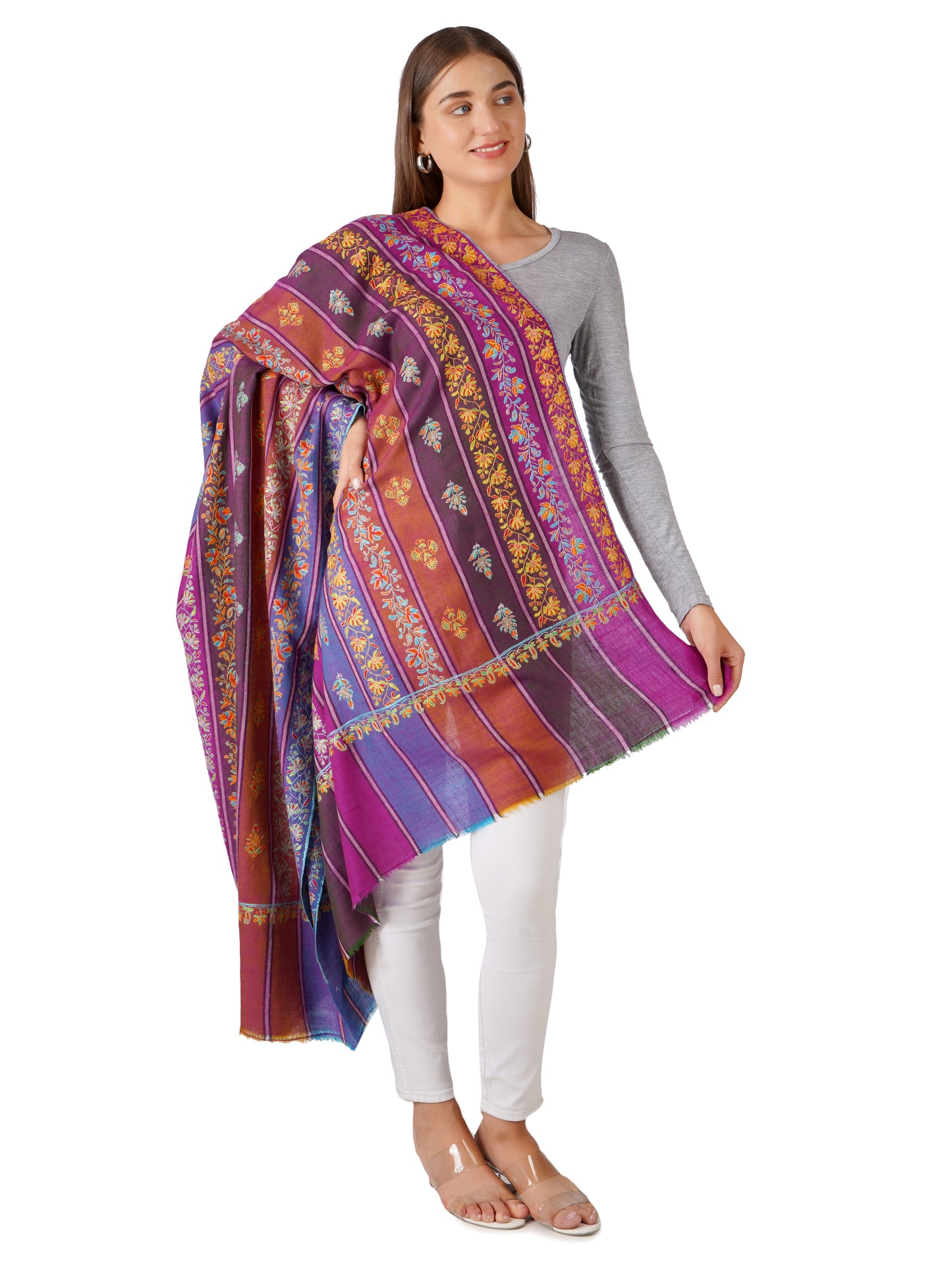 Stylish Stripes Pashmina Shawl with Floral Designs - Multi Color Stripes