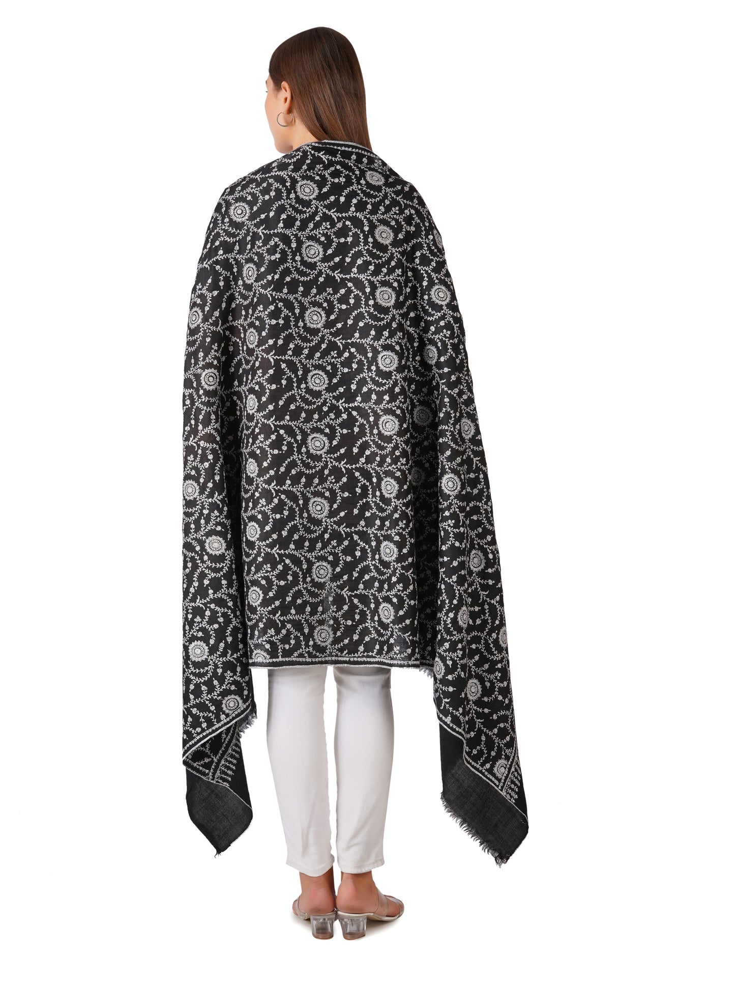 Cozy Black Pashmina Shawl with Elegant White Embroidery