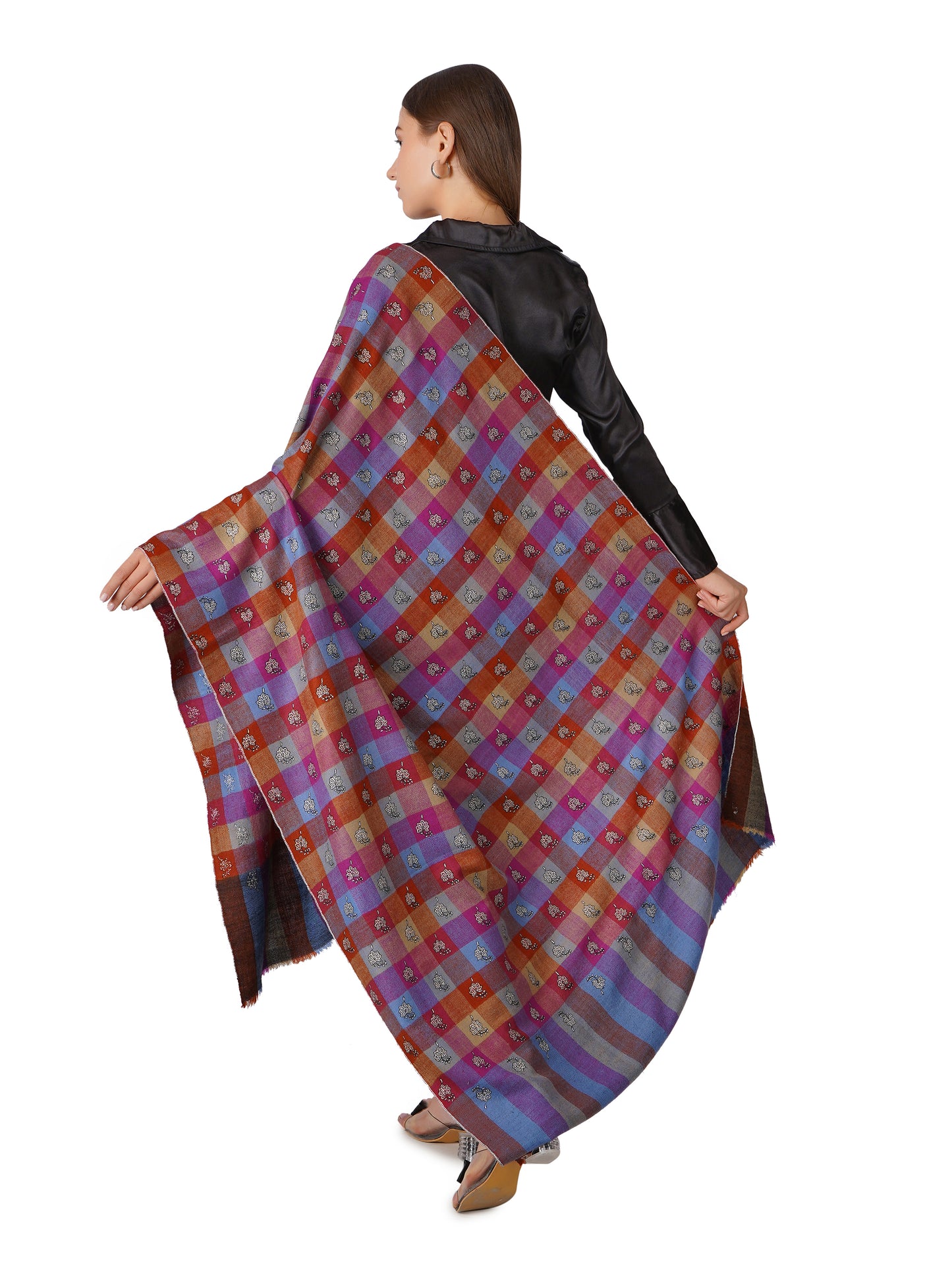 Classic Checkered Pashmina Shawl with Floral Embroidery - Multi Color Check