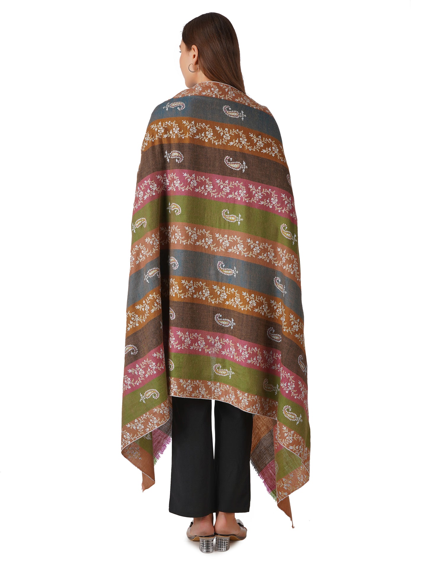 Vibrant Pashmina Shawl Striped With Multi Color Embroidery