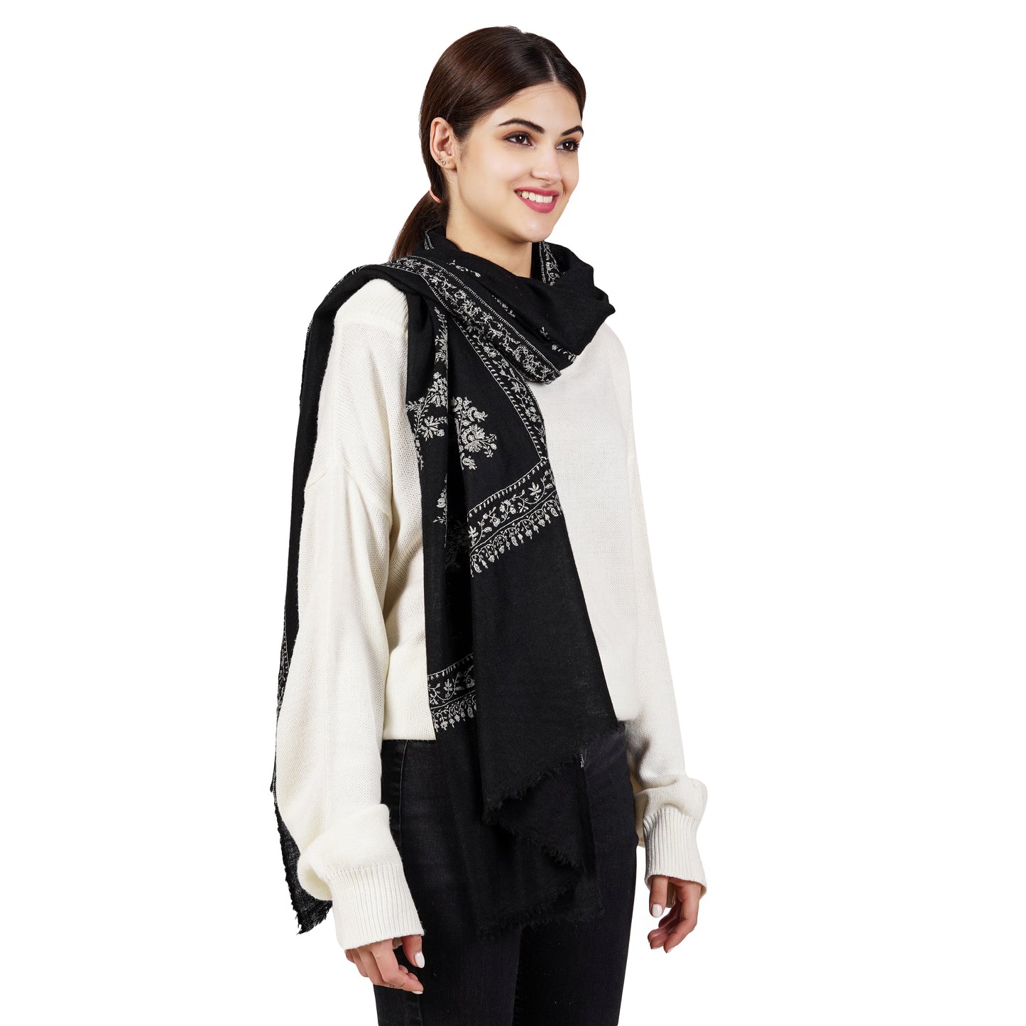 Cashmere Pashmina Embroidered Scarf (Black)