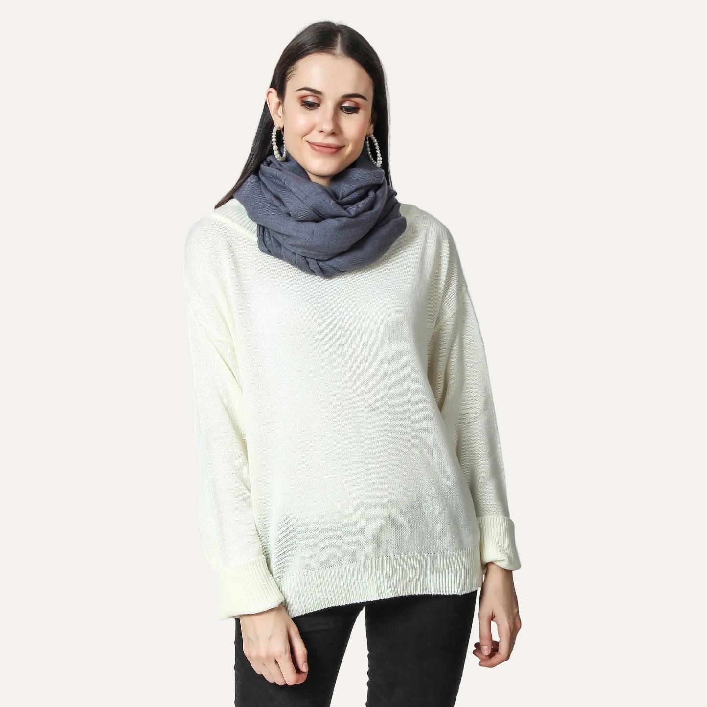 Highly premium gray cashmere scarf worn by a woman