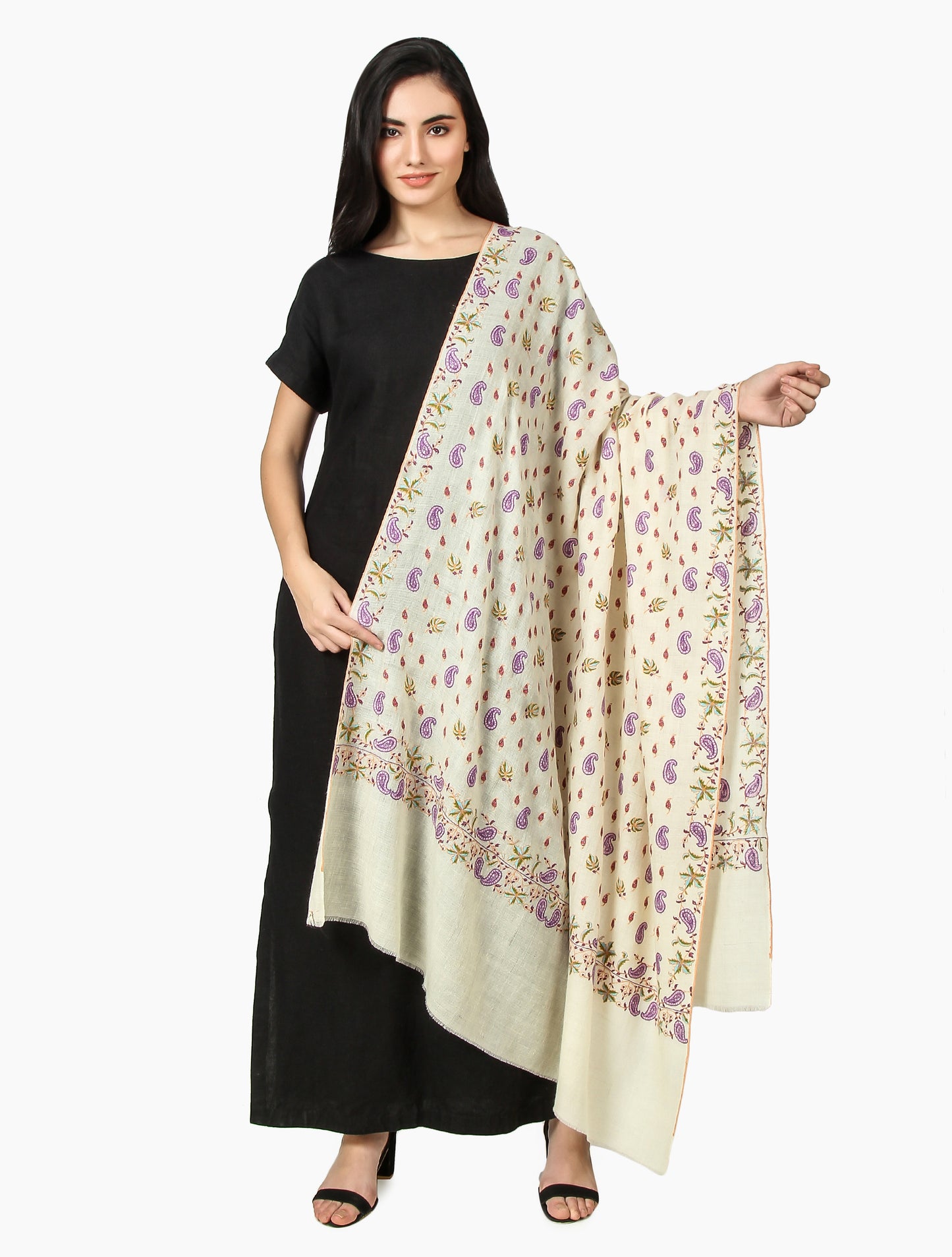 Cashmere Pashmina Shawl Embroidered (Ivory)