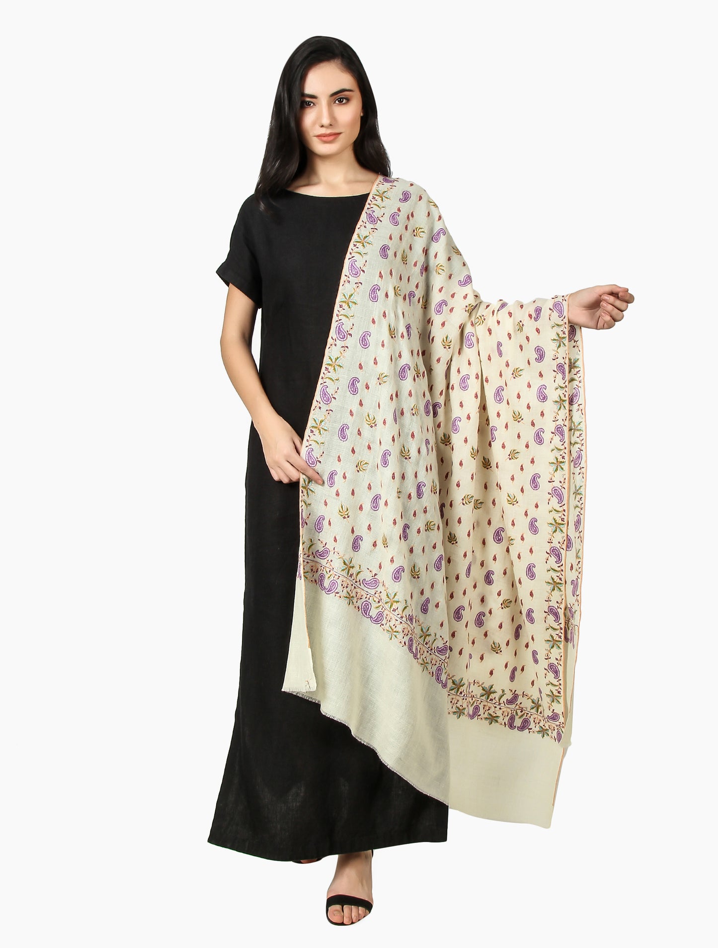 Cashmere Pashmina Shawl Embroidered (Ivory)