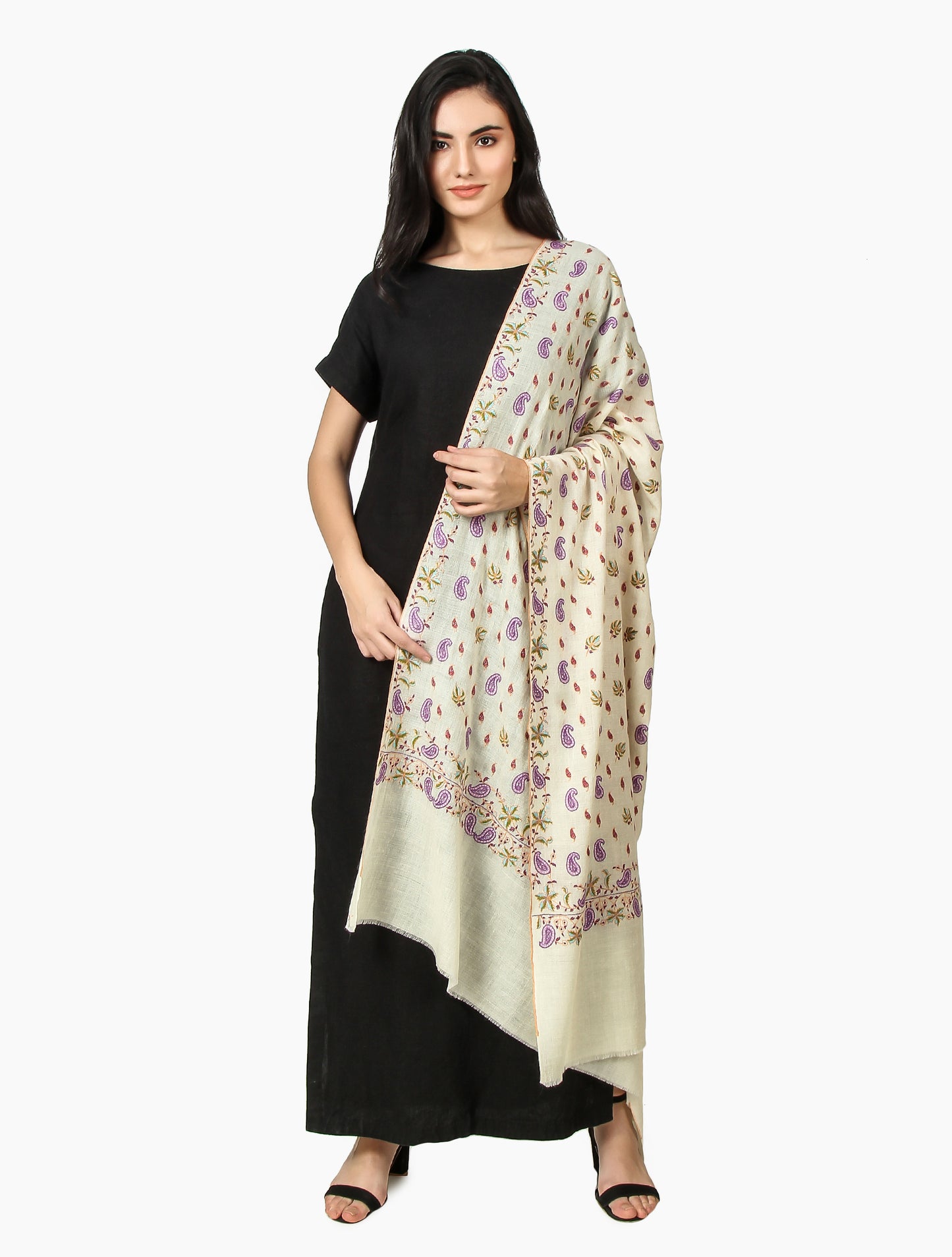 Cashmere Pashmina Shawl Embroidered (Ivory)