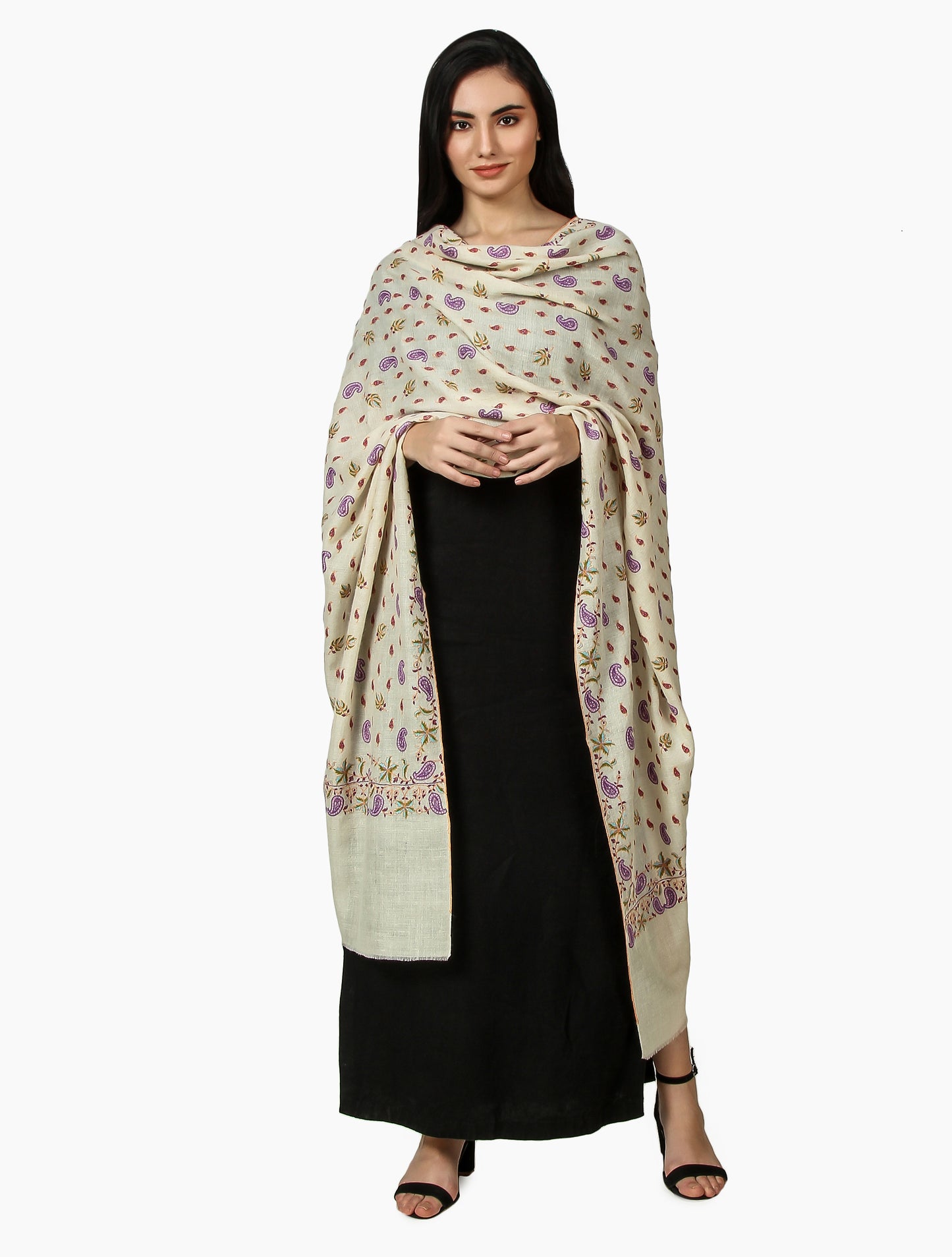 Cashmere Pashmina Shawl Embroidered (Ivory)