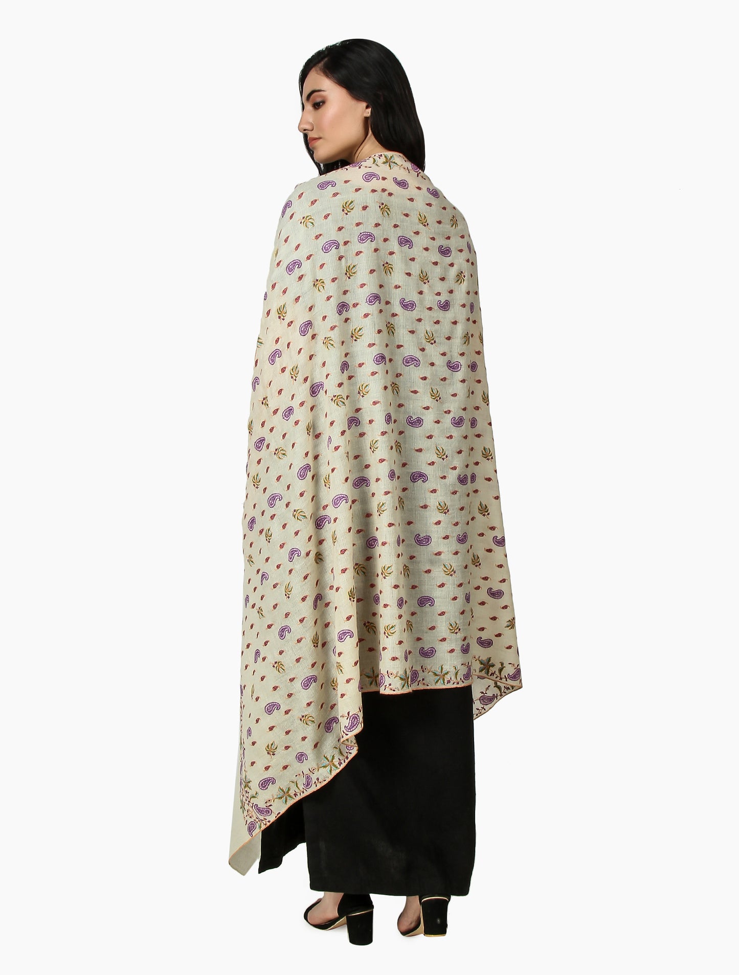 Cashmere Pashmina Shawl Embroidered (Ivory)