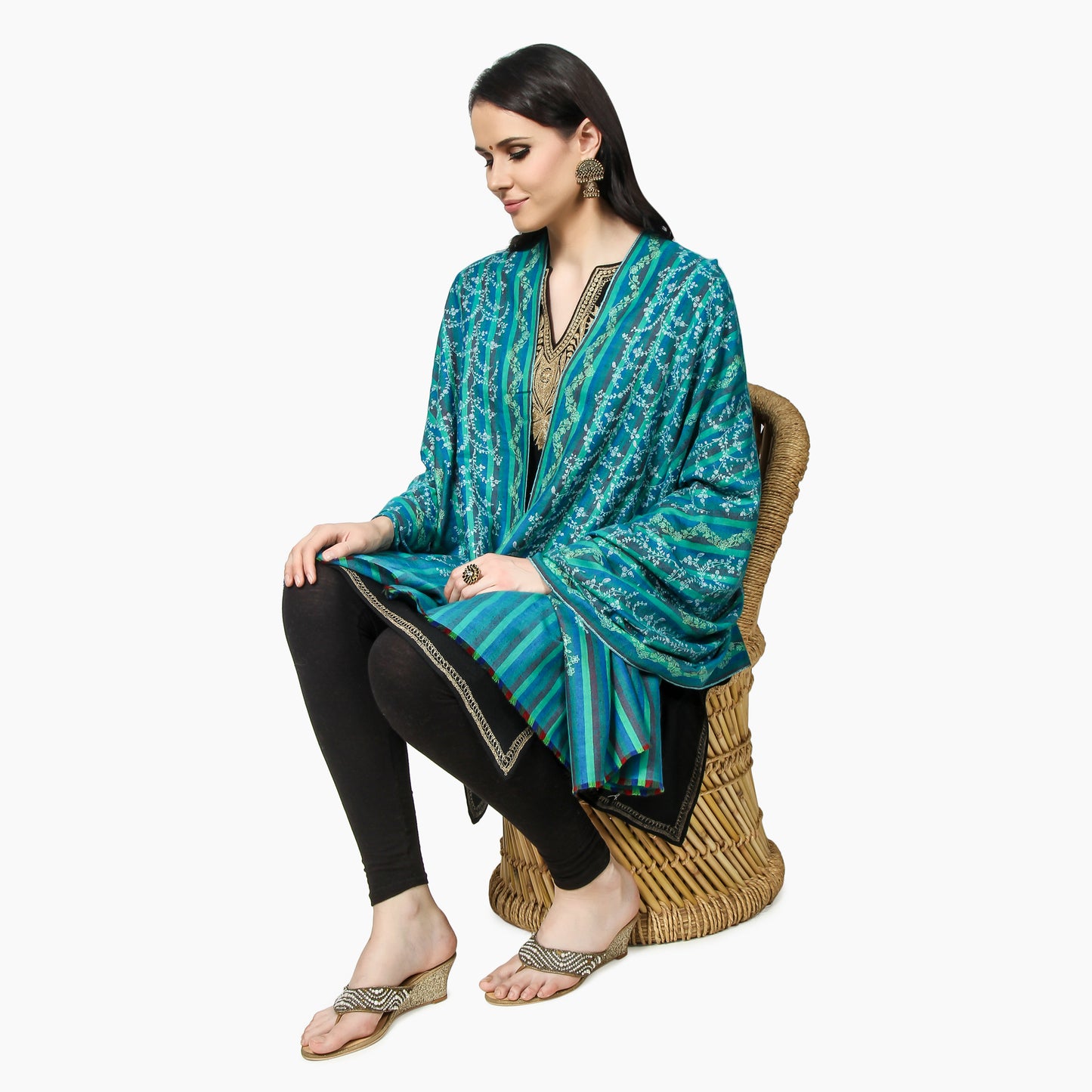 Cashmere Pashmina Shawl Embroidered (Green Stripes)