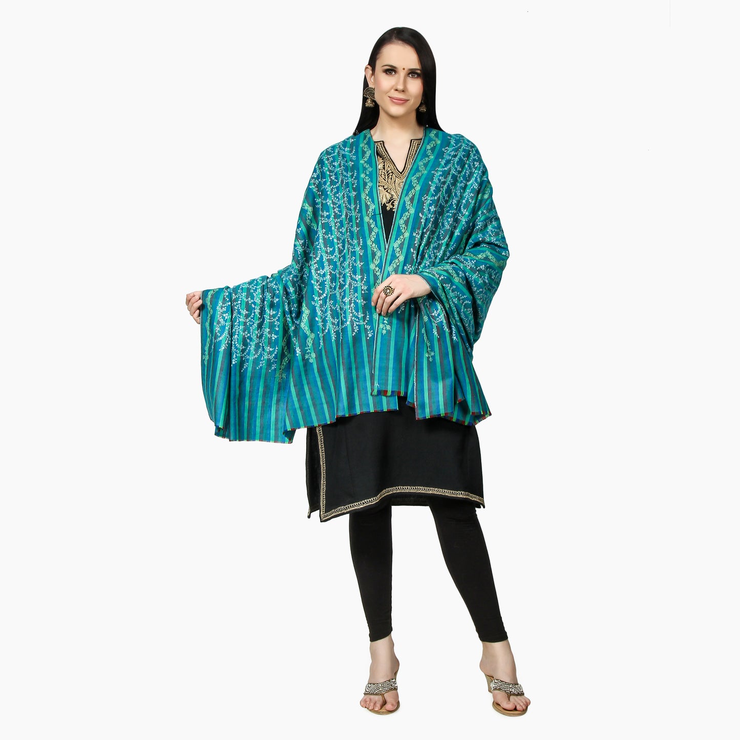 Cashmere Pashmina Shawl Embroidered (Green Stripes)