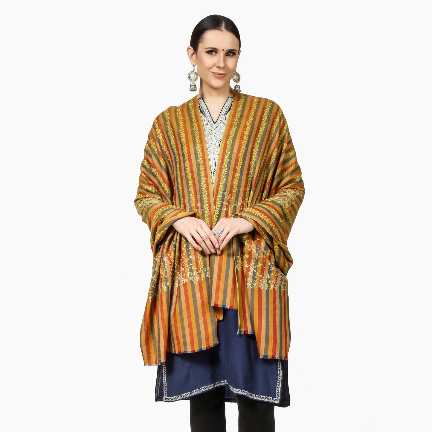 Cashmere Pashmina Shawl Embroidered (Yellow Stripes)