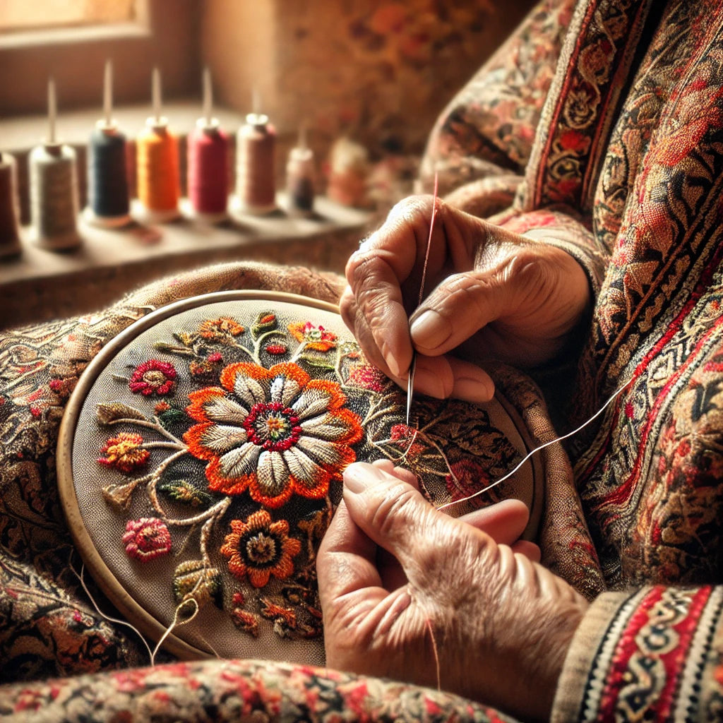 image showcasing a Kashmiri artisan's hands intricately stitching embroidery on a Pashmina shawl