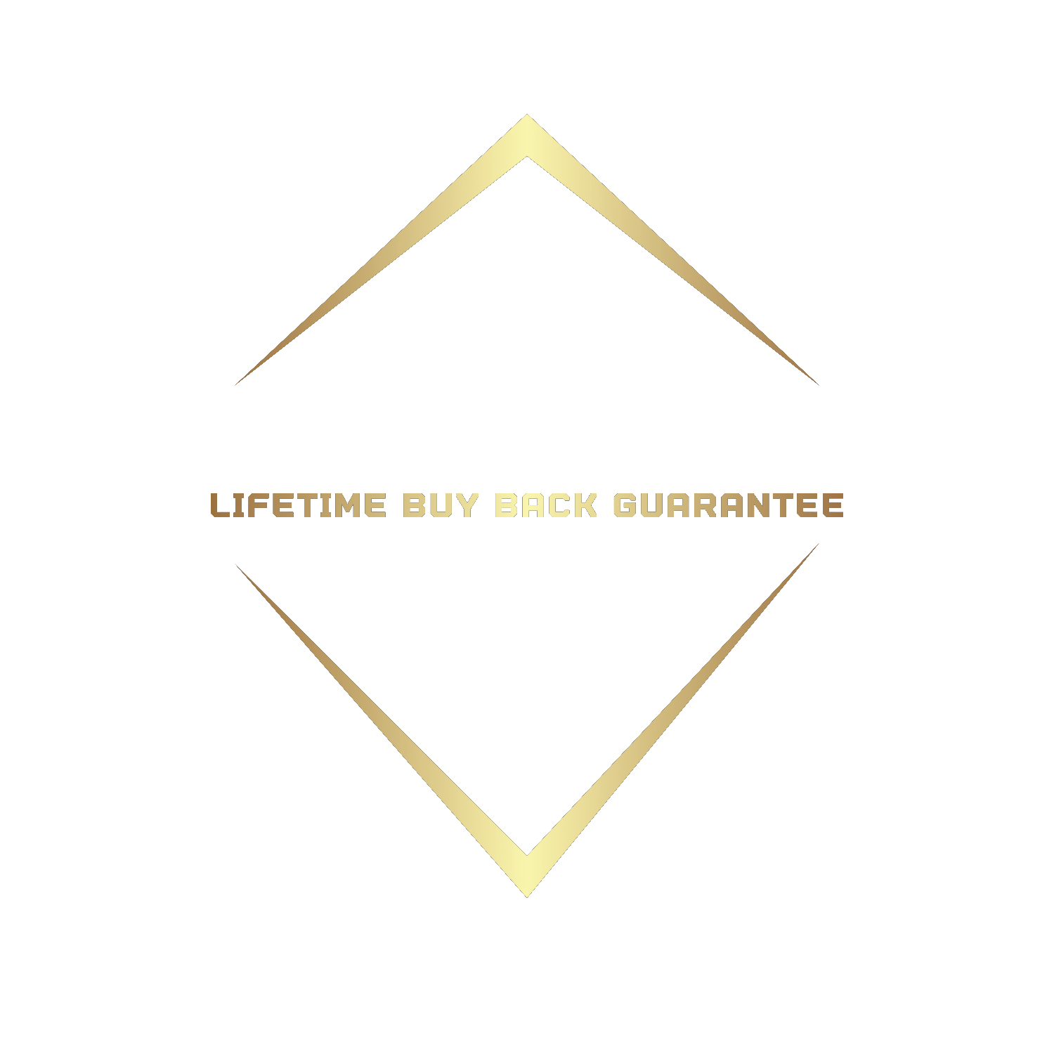 Image of 2 Golden Shapes with a text of "Lifetime buyback Guarantee" in between of them