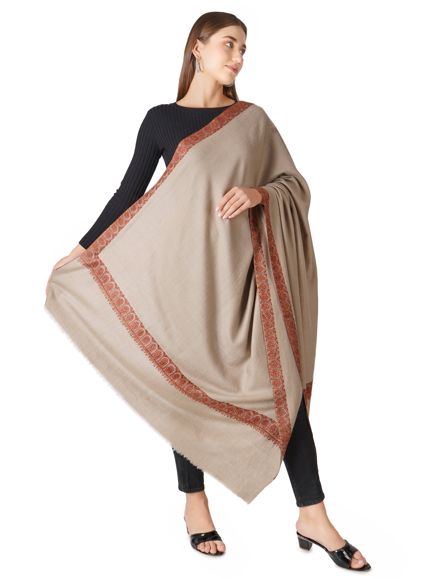 Pashwrap Kashmiri Pashmina Shawl with Border Embroidery - Natural Toosh