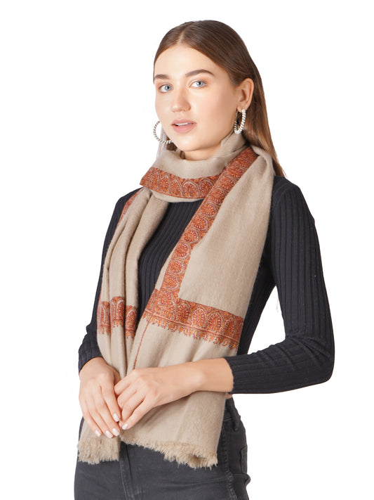 Pashwrap Kashmiri Pashmina Shawl with Border Embroidery - Natural Toosh