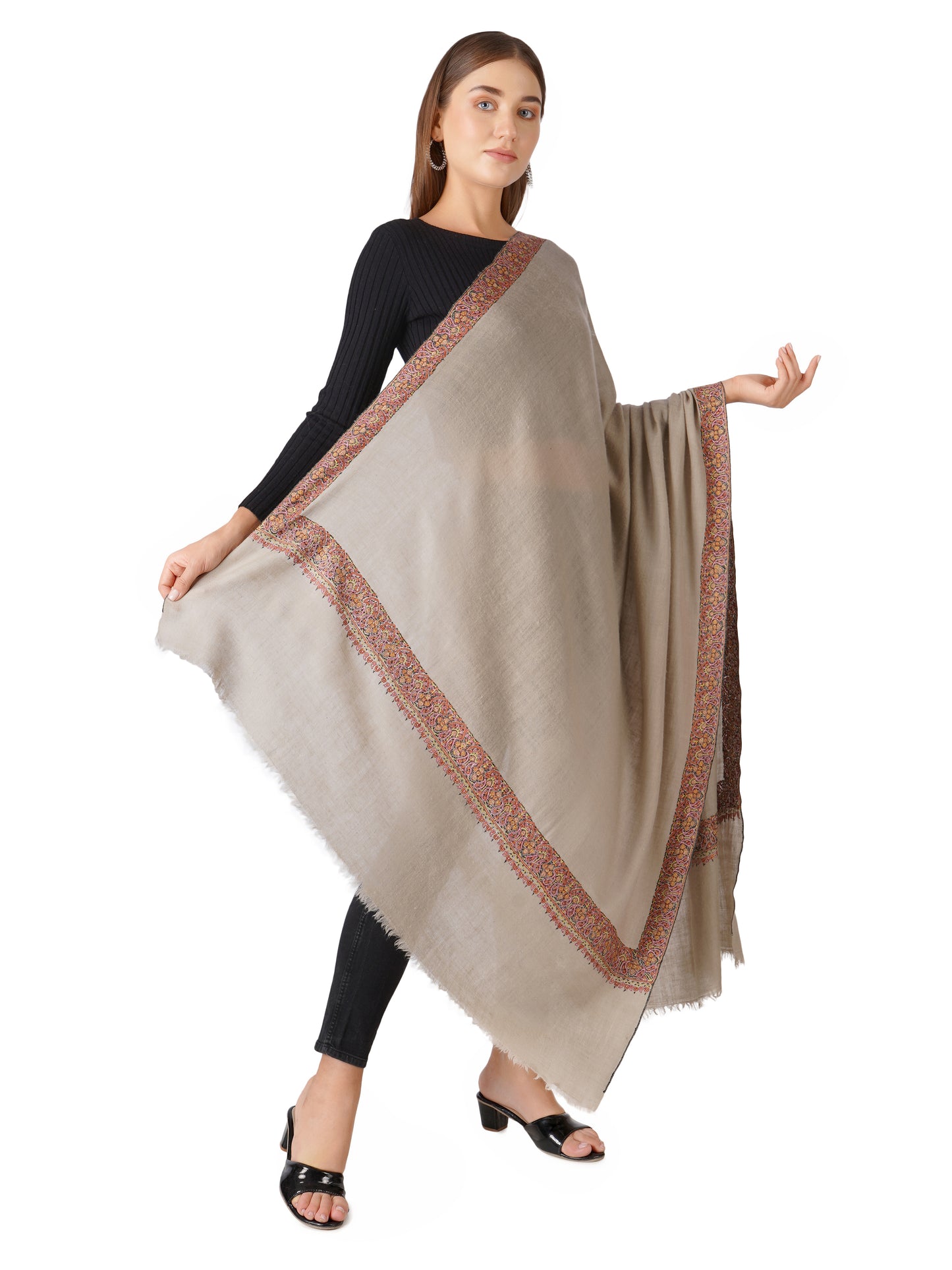 Pashmina Shawl Hand Embroidered in Kashmir - Natural Toosh
