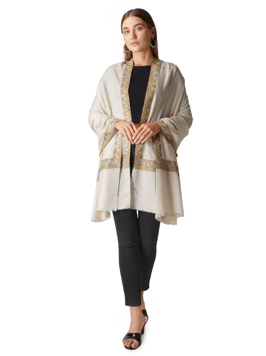 Pashmina Shawl Handwoven Kashmiri Sozni Embroidery - Off White