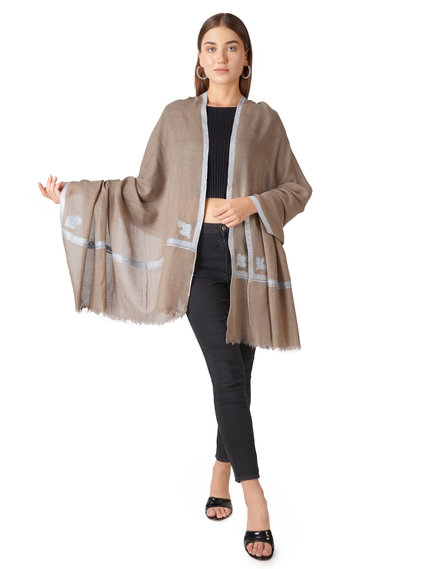 Pashmina Shawl with Enchanted Blue Hues Embroidery - Natural Toosh