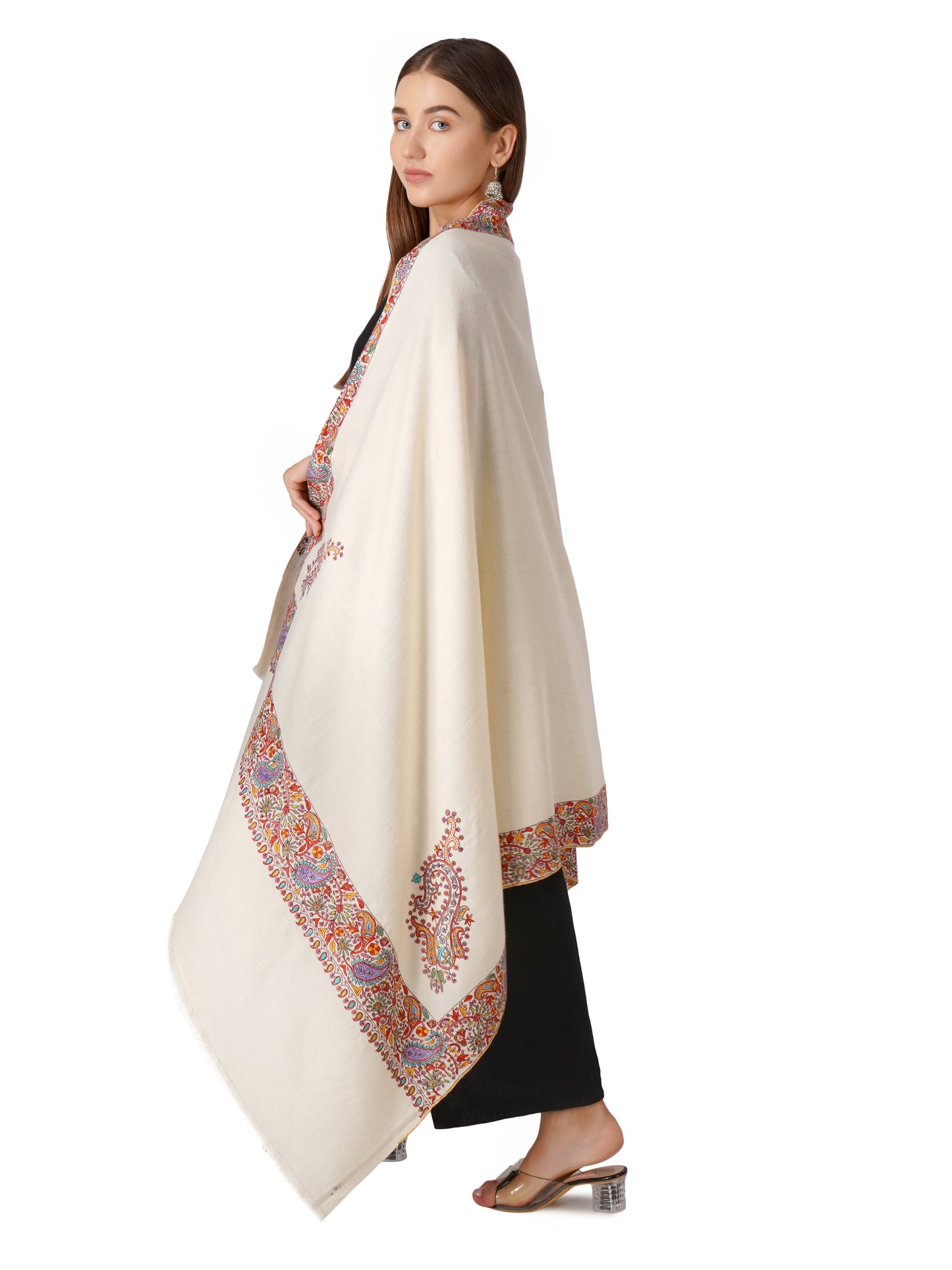Luxurious Pashmina Shawl with Intricate Border Embroidery (Off White)