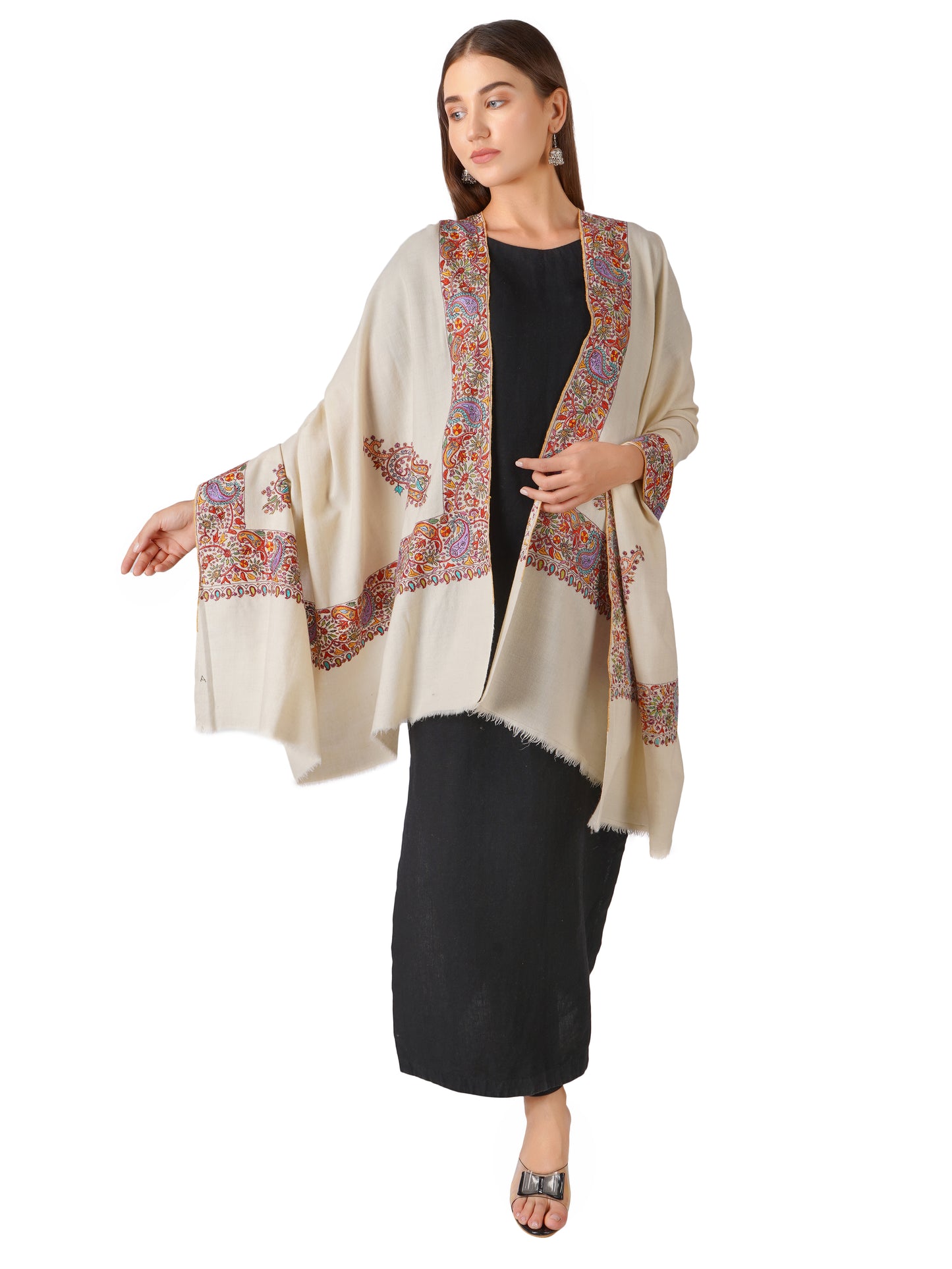 Luxurious Pashmina Shawl with Intricate Border Embroidery (Off White)