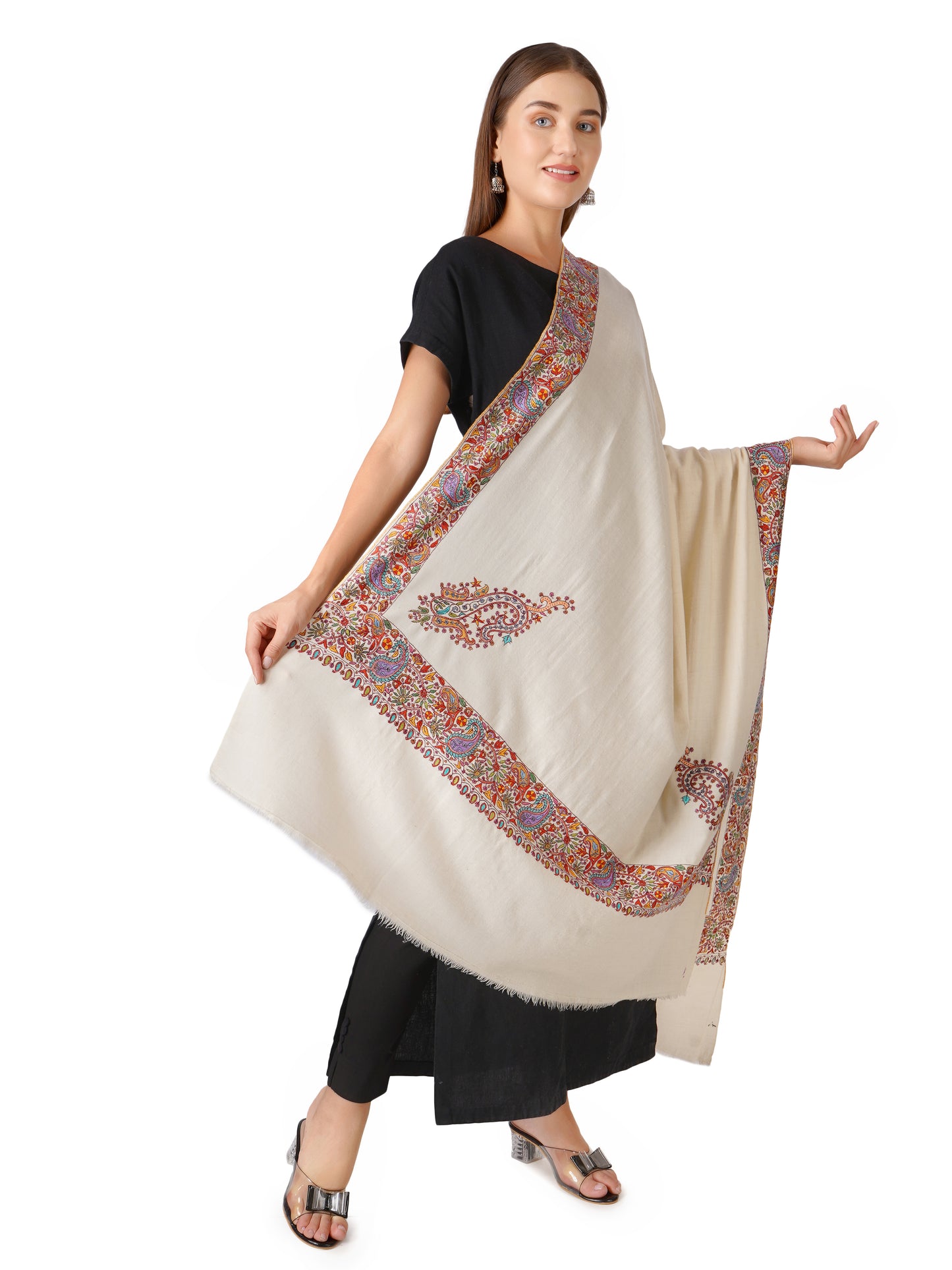 Luxurious Pashmina Shawl with Intricate Border Embroidery (Off White)
